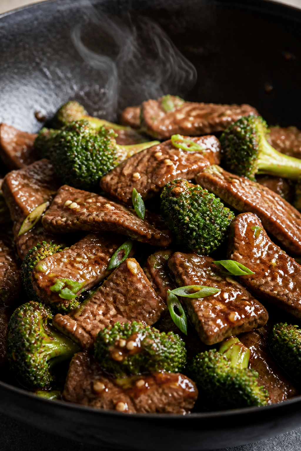 Close-up detail: Slices of seared beef sirloin, glistening with a glossy soy–oyster–honey sauce,