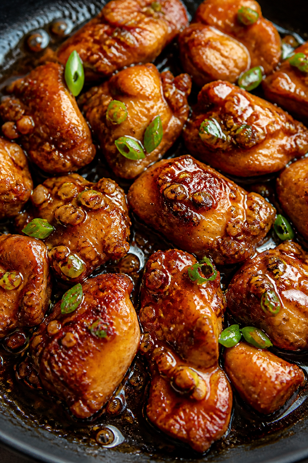 Close-up detail: Sticky honey-garlic chicken pieces sizzling in a skillet during the “build the gl