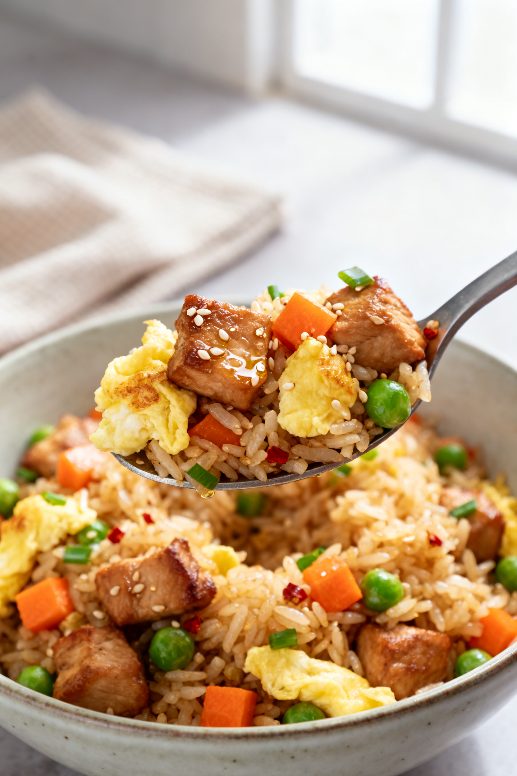 Close-up detail, texture and protein focus: Macro, shot of a spoonful of finished chicken fried rice