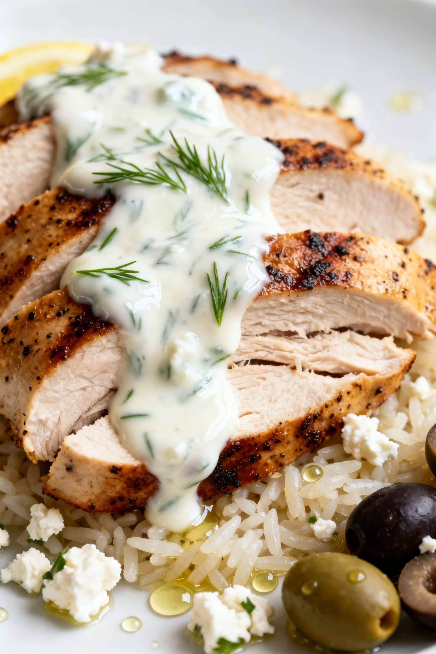 Close-up detail – Ultra close shot of sliced grilled chicken layered over rice, draped with glossy