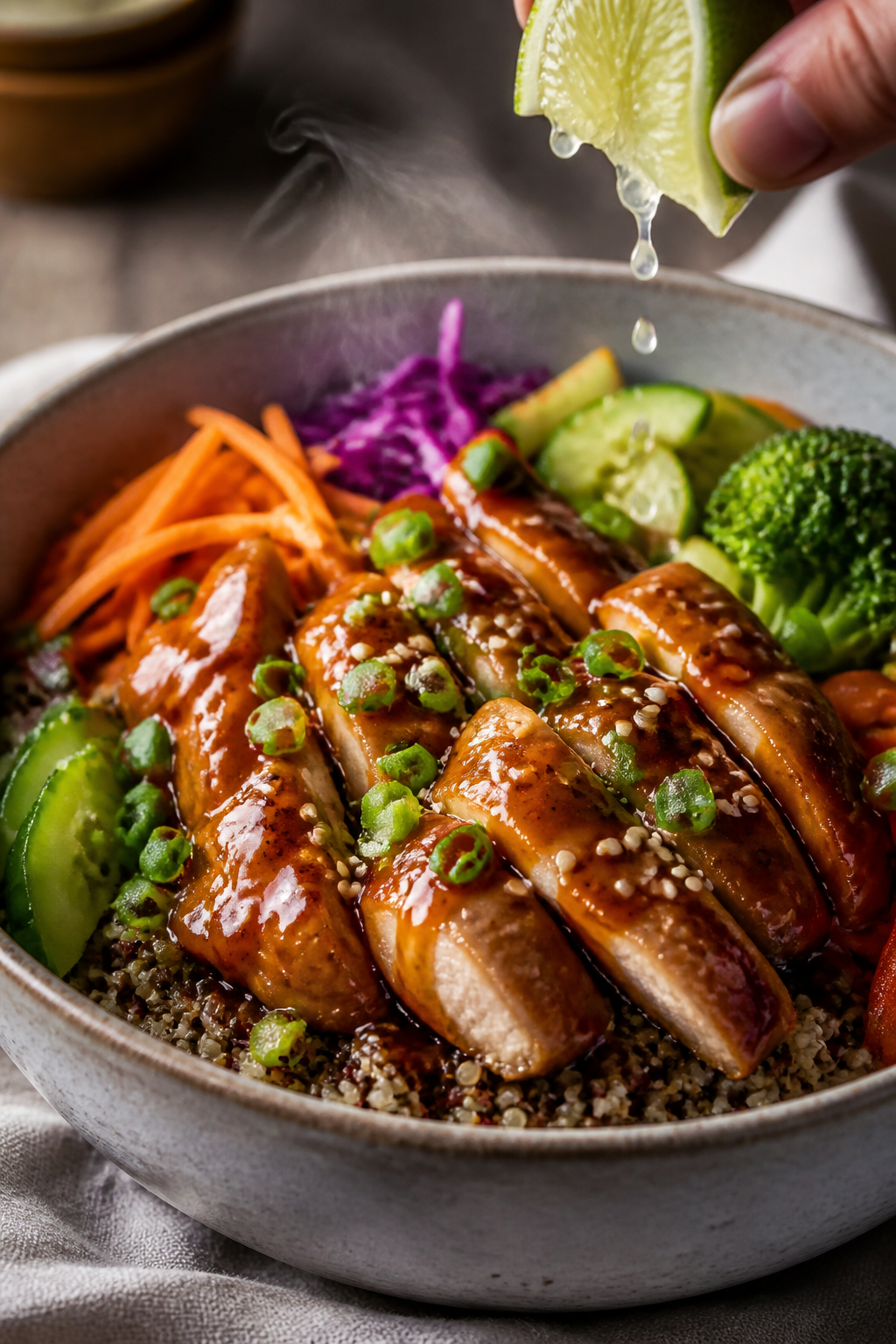 Close-up final dish – Restaurant-quality plated Teriyaki Chicken Bowl: quinoa base with separate g