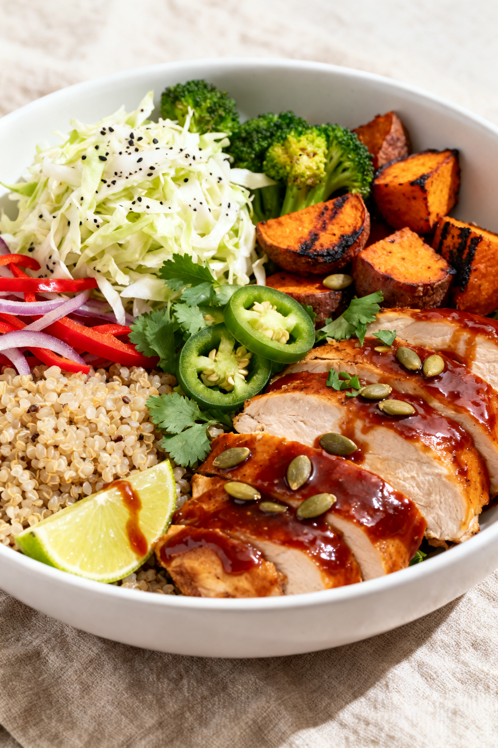 Close-up final dish – Restaurant-style plated bowl: Tight macro of a single assembled BBQ Chicken 