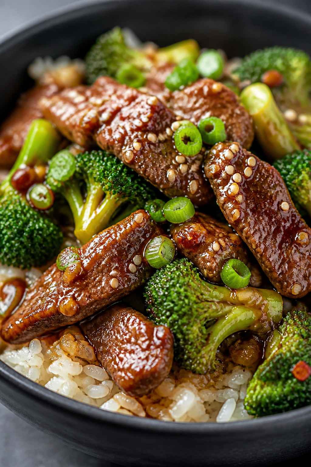 Close-up final plate: Tight macro of a single plated Beef & Broccoli bowl over jasmine rice, focus o