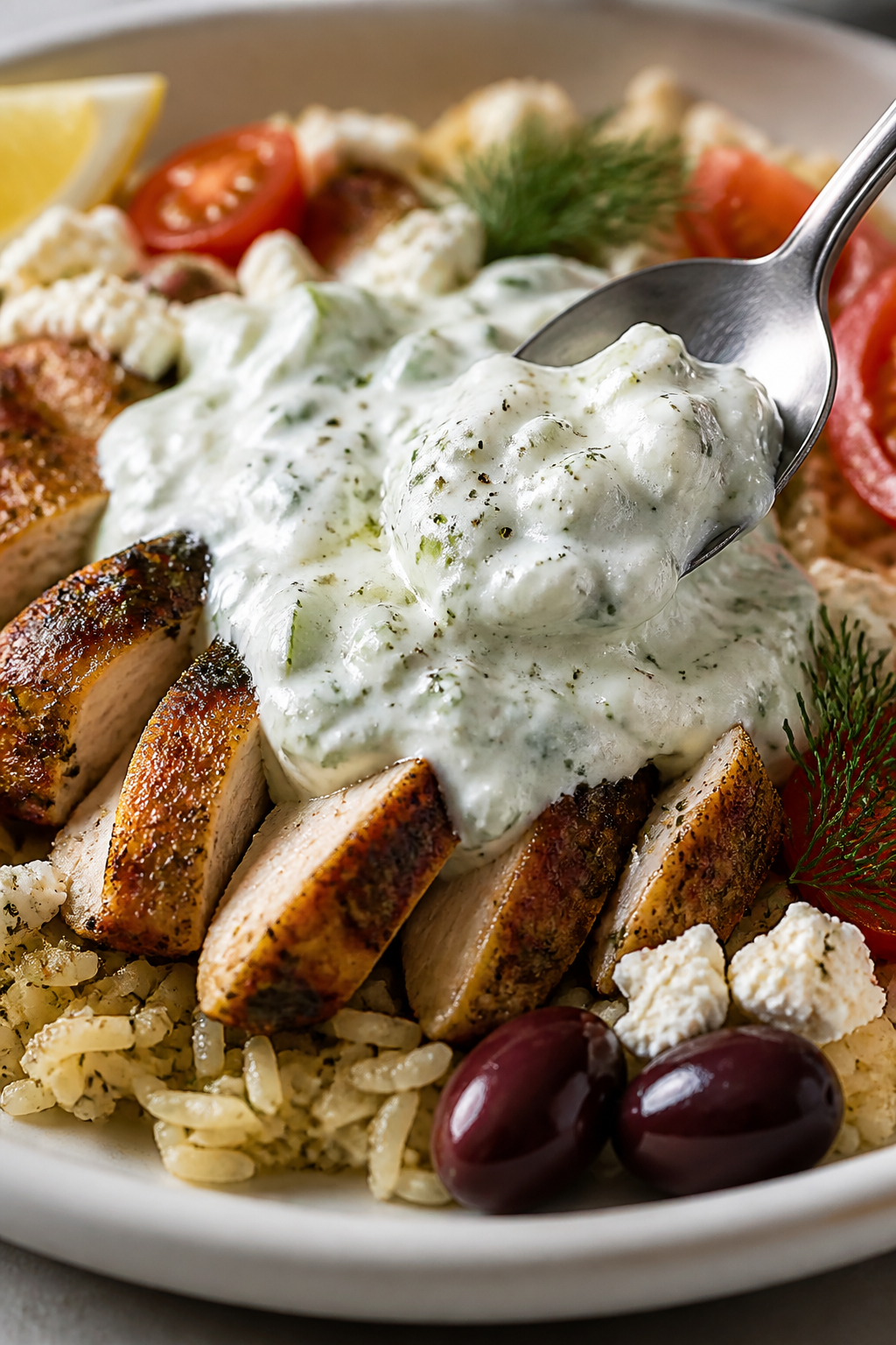 Close-up final presentation — Spoon dipping into creamy tzatziki-topped chicken and rice: tight ma