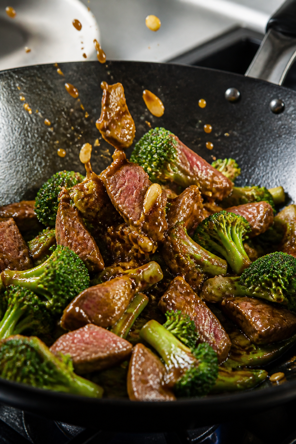 Cooking process action shot: Beef & broccoli stir fry mid-toss in a hot wok—sauce just added and t