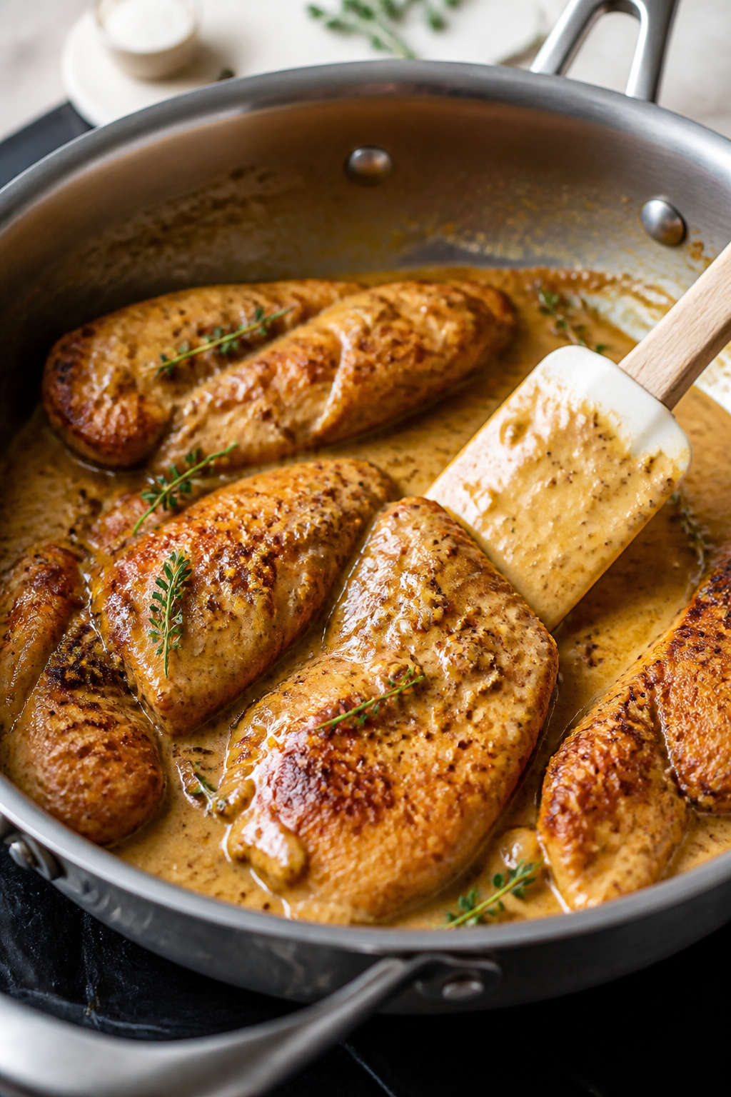 Cooking process: Action shot of the sear-and-glaze moment in a stainless oven-safe skillet on the st