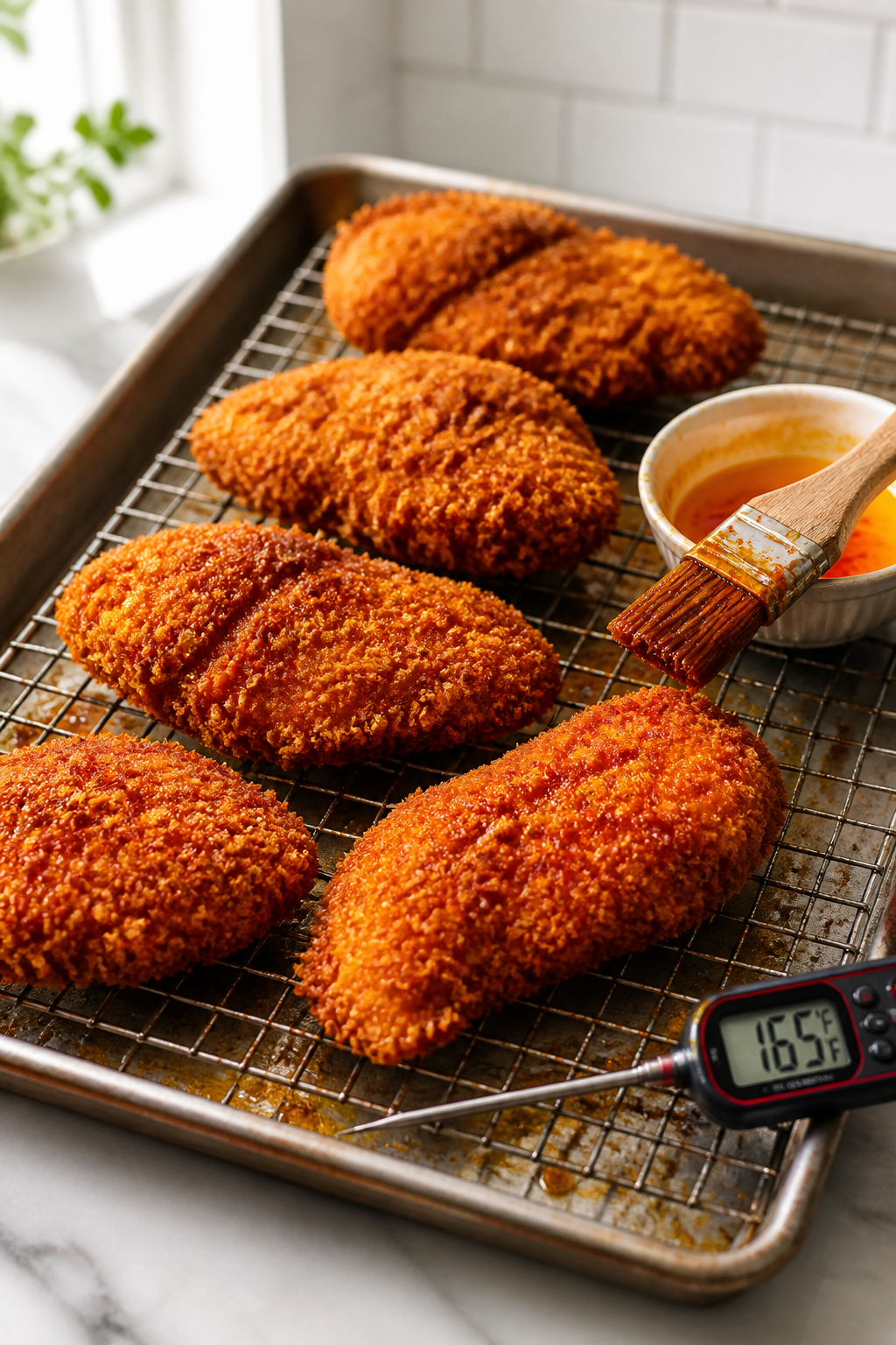 Cooking process: Air-fried Nashville hot chicken on a wire rack over a sheet pan, golden panko coati
