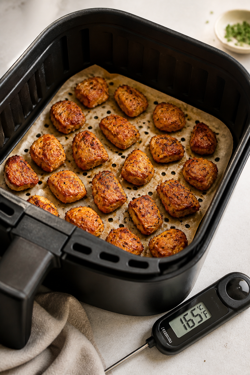 Cooking process: Air fryer basket at 400°F mid-cook, evenly spaced 1-inch chicken bites with well-b