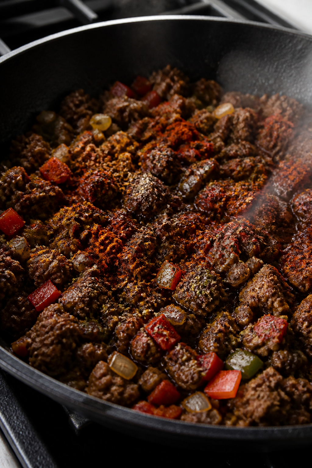 Cooking process — Blooming spices in the skillet: Close-up of browned, craggy ground beef with sof