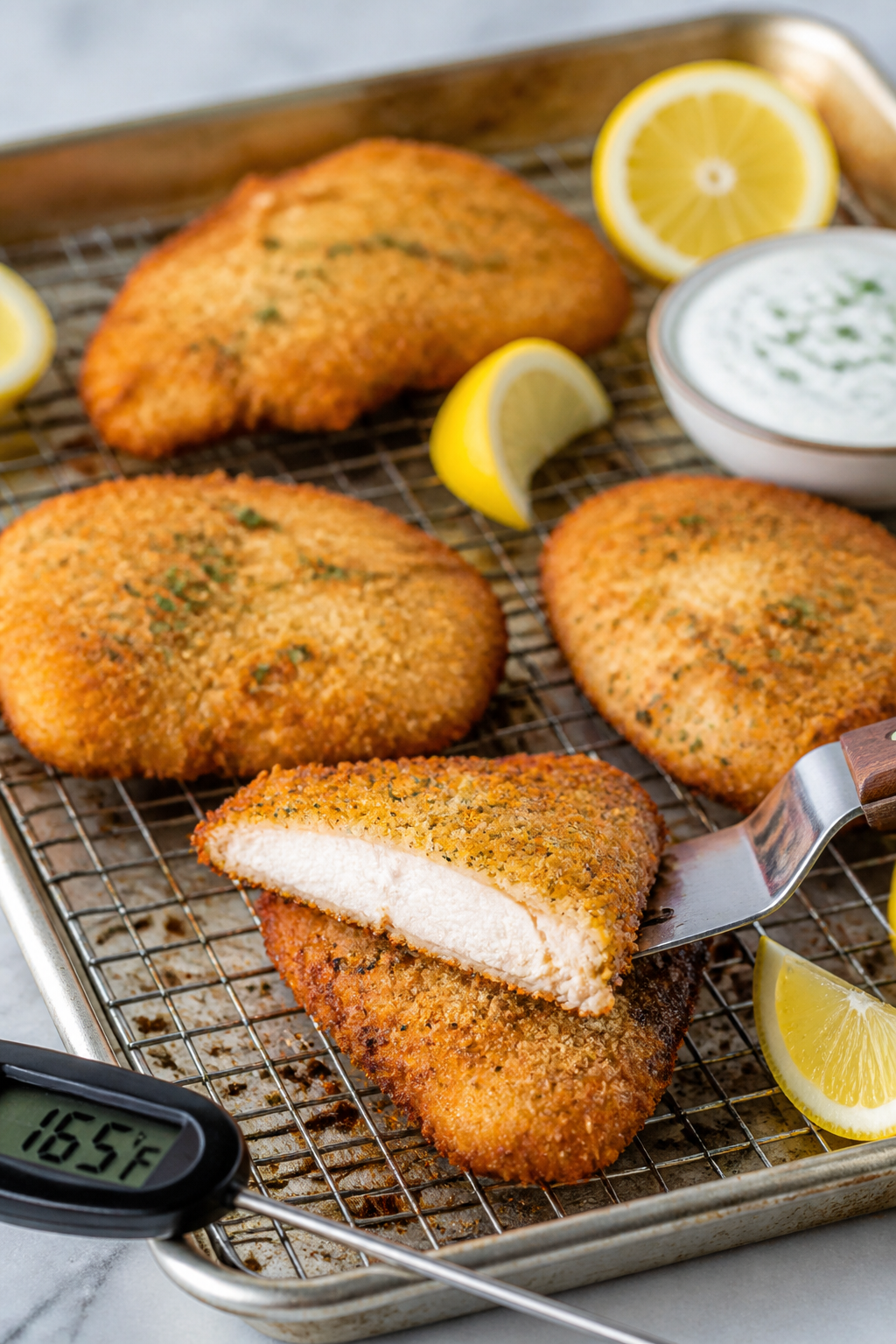 Cooking process: Breaded ranch chicken cutlets on a preheated rack-lined sheet pan just flipped mid-