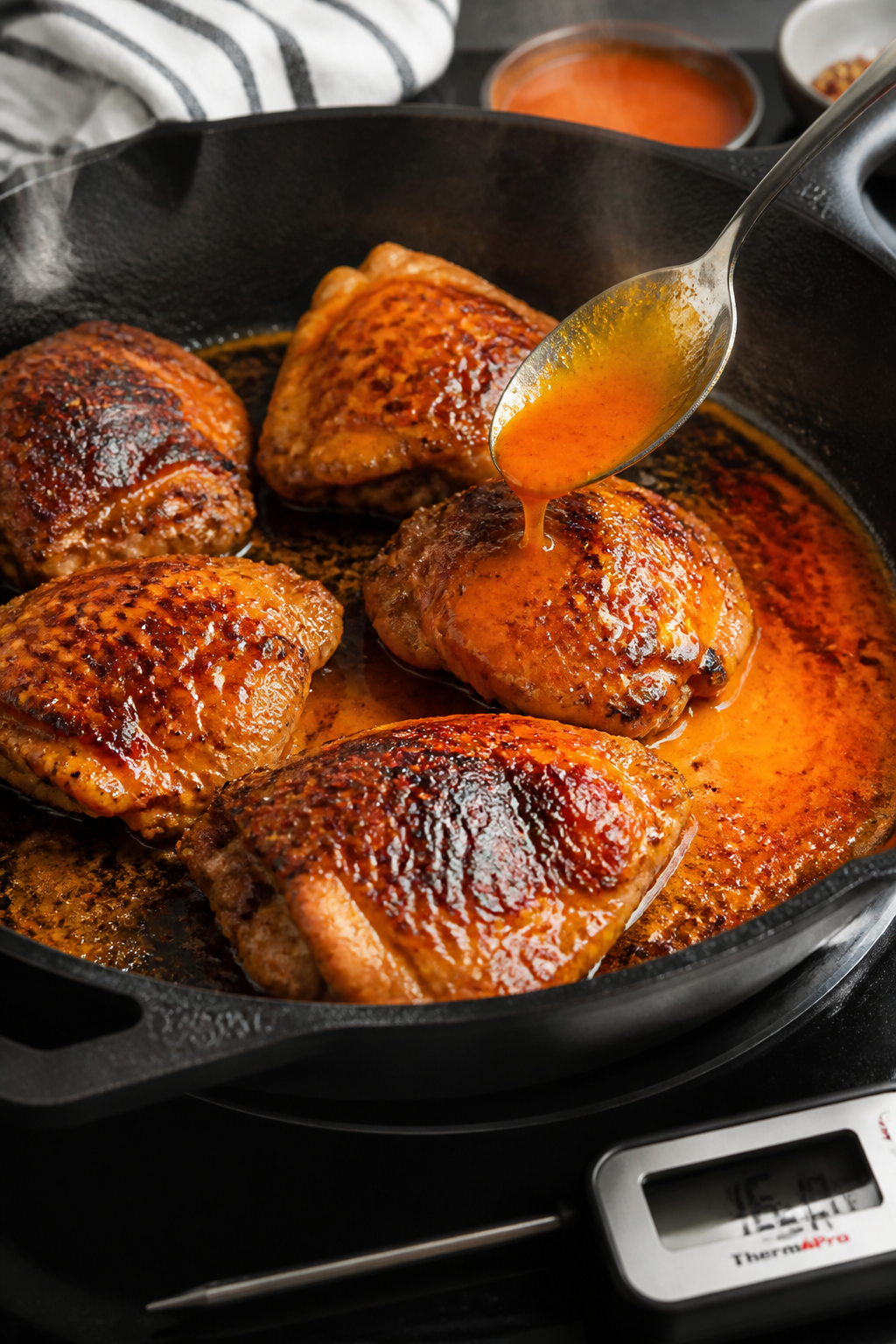 Cooking process: Buffalo chicken being seared in a large cast-iron skillet on the stovetop—golden-