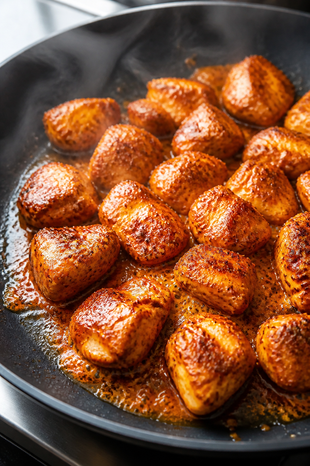 Cooking process: Buffalo chicken searing in a large nonstick skillet, bite-size marinated pieces siz