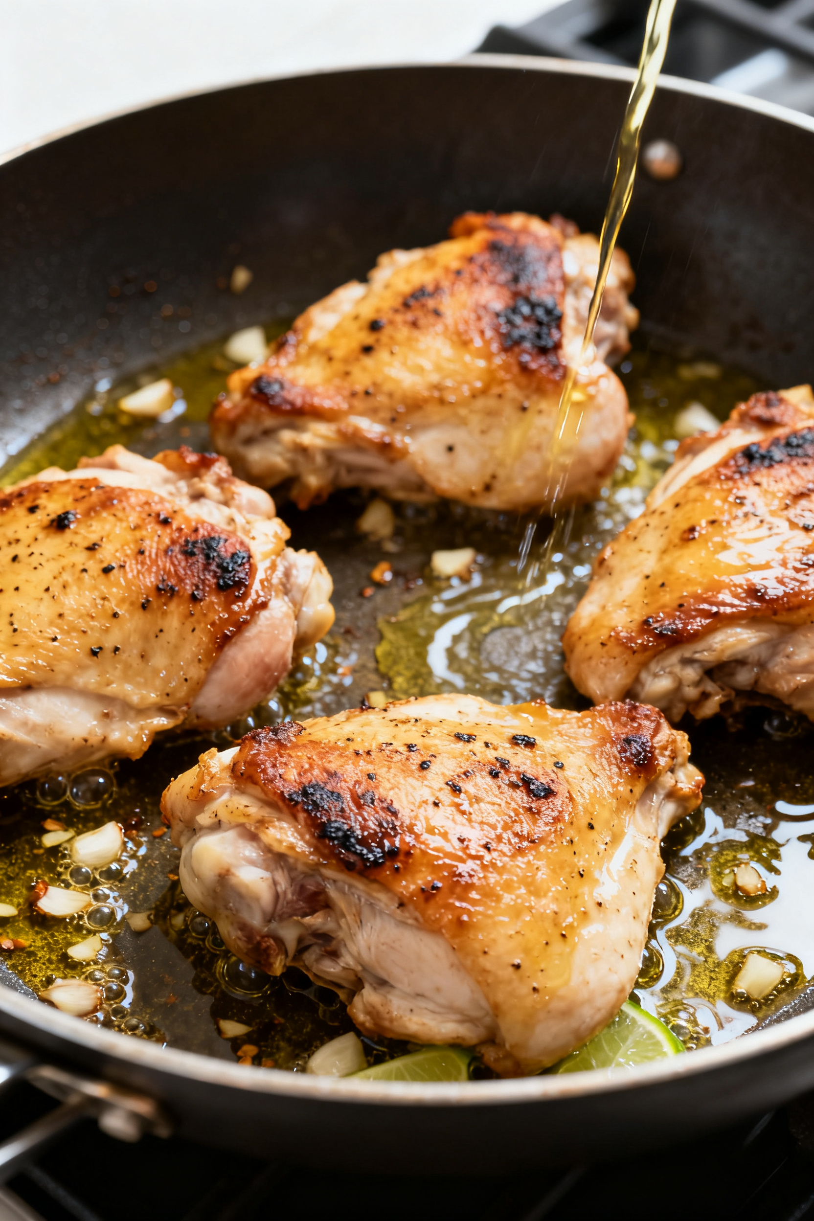 Cooking process: Chicken thighs sizzling in a large skillet during the sear—golden-brown edges wit