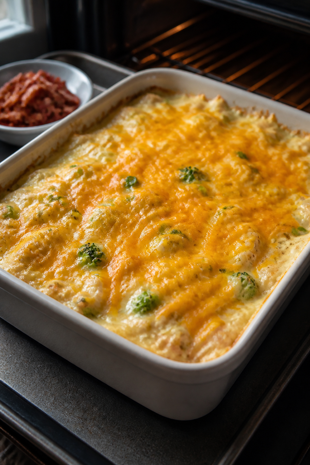 Cooking process close-up: A 9x13-inch casserole dish just placed in the oven at 350°F, the High Pro