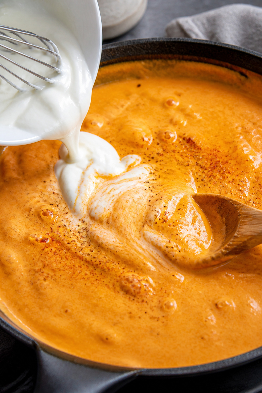 Cooking process close-up: A bubbling skillet of creamy Buffalo cheese sauce being finished off-heat,