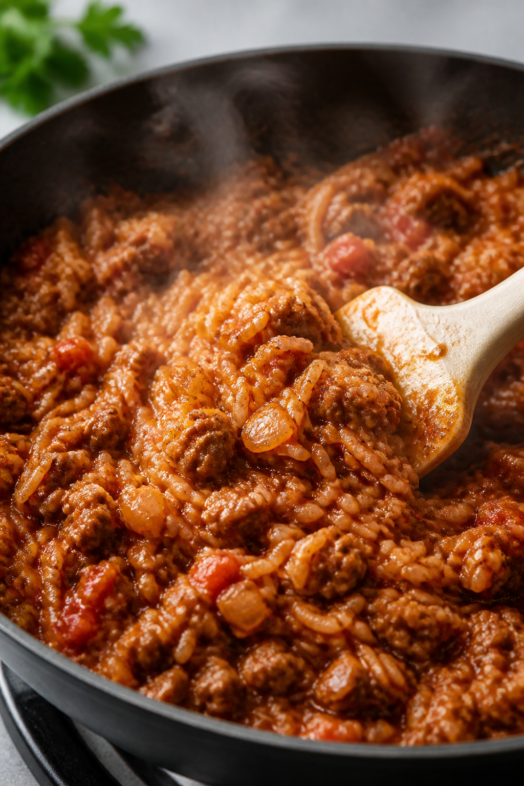 Cooking process close-up: A deep skillet on the stovetop with browned ground beef, sautéed onions, 