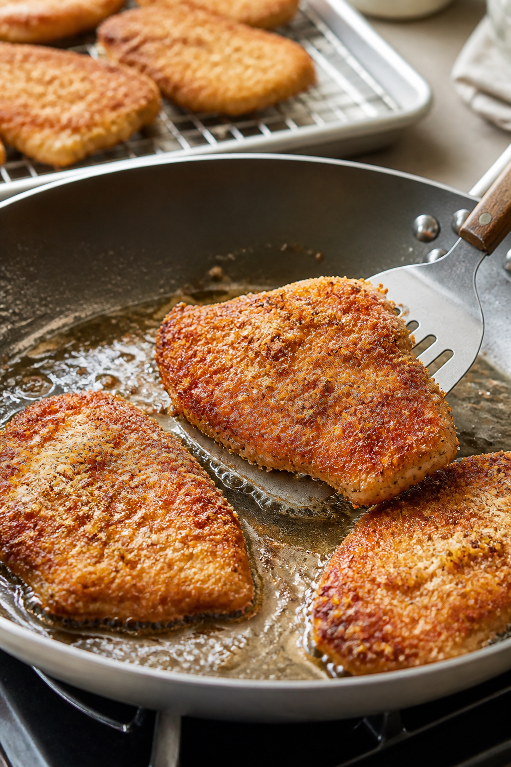 Cooking process close-up: Breaded Parmesan-panko chicken cutlets sizzling in a lightly oiled skillet