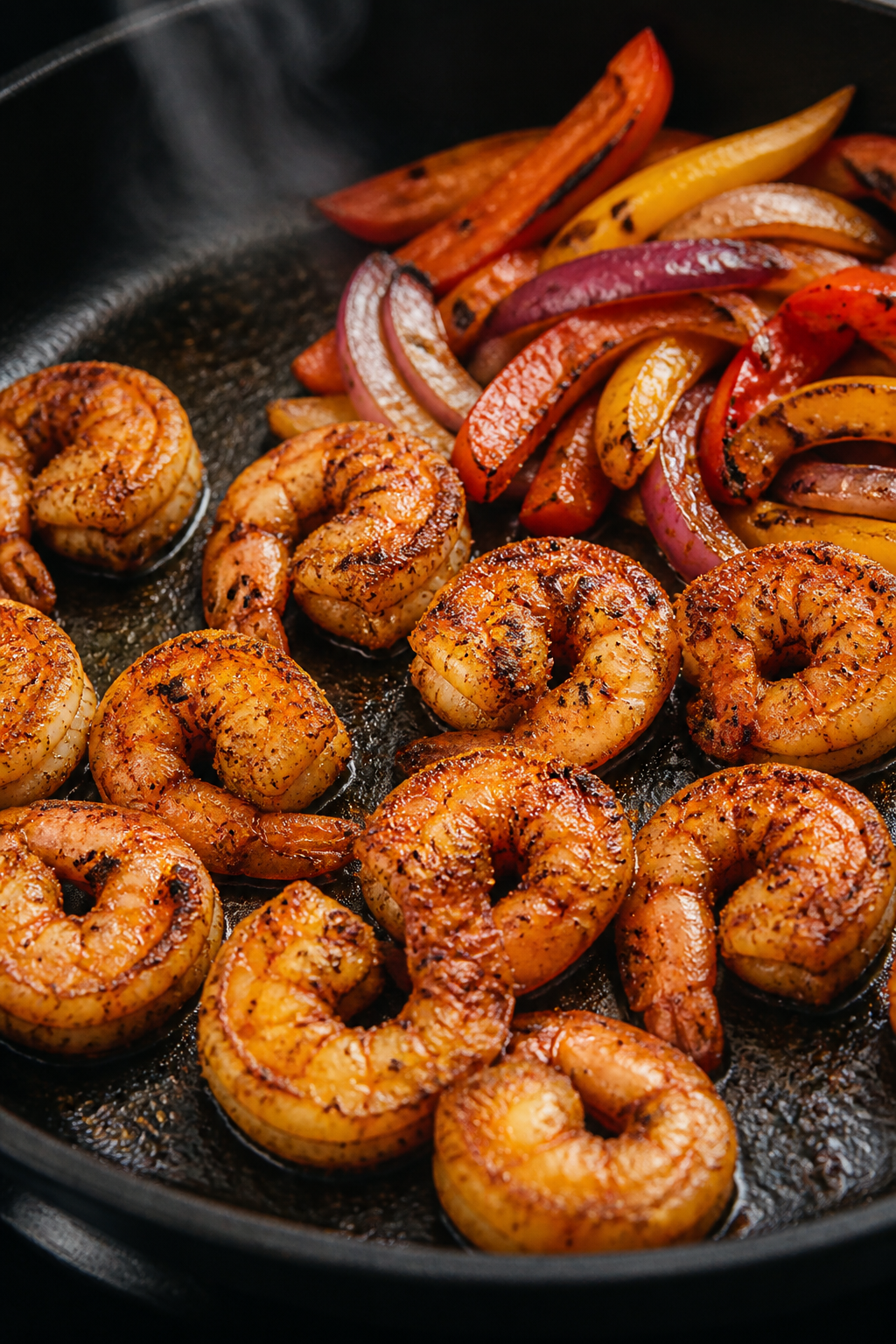 Cooking process, close-up: Cajun-seasoned shrimp sizzling in a hot skillet, light sear with carameli