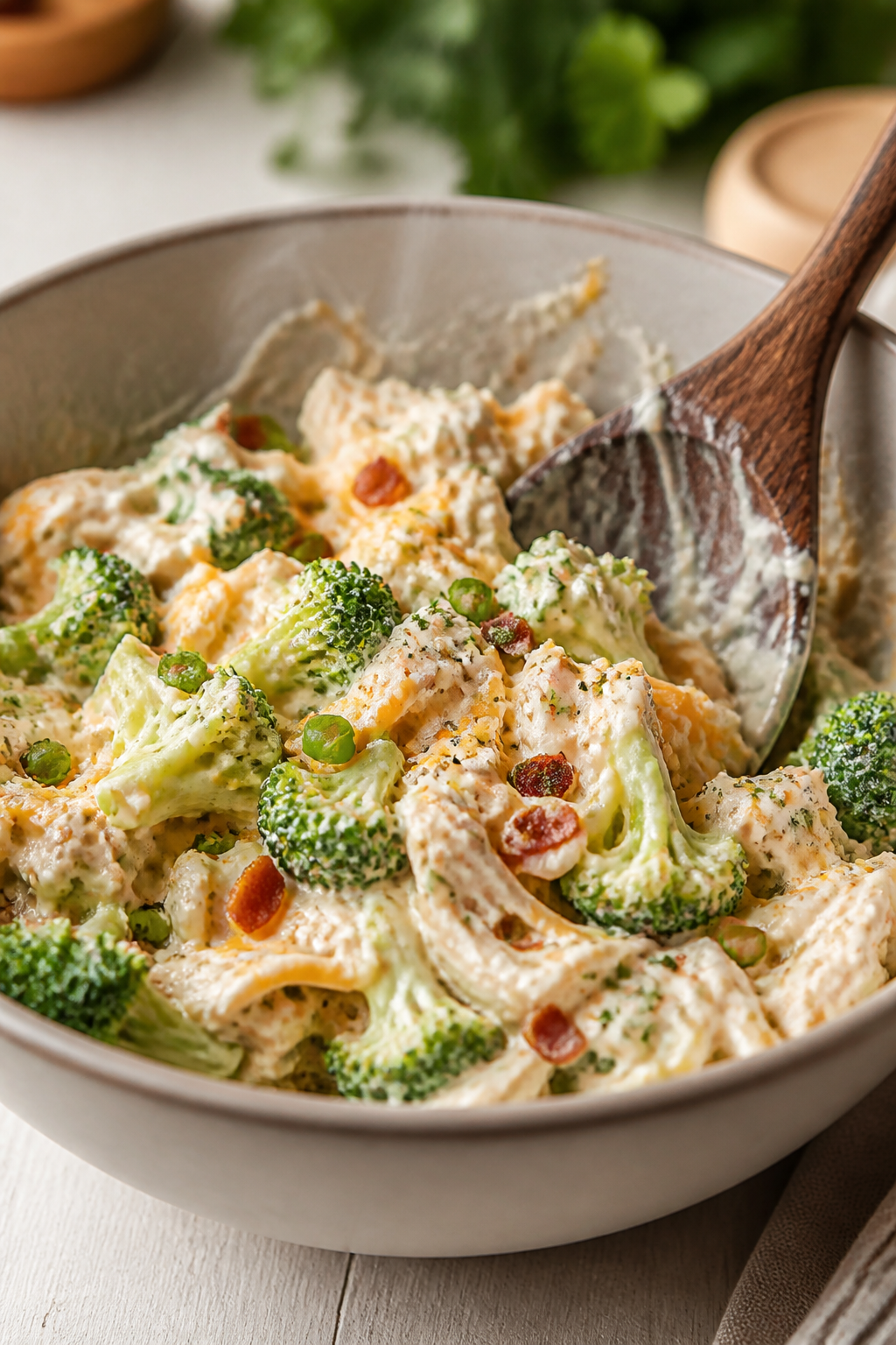 Cooking process, close-up: Close-up of the creamy ranch base being folded together with shredded chi