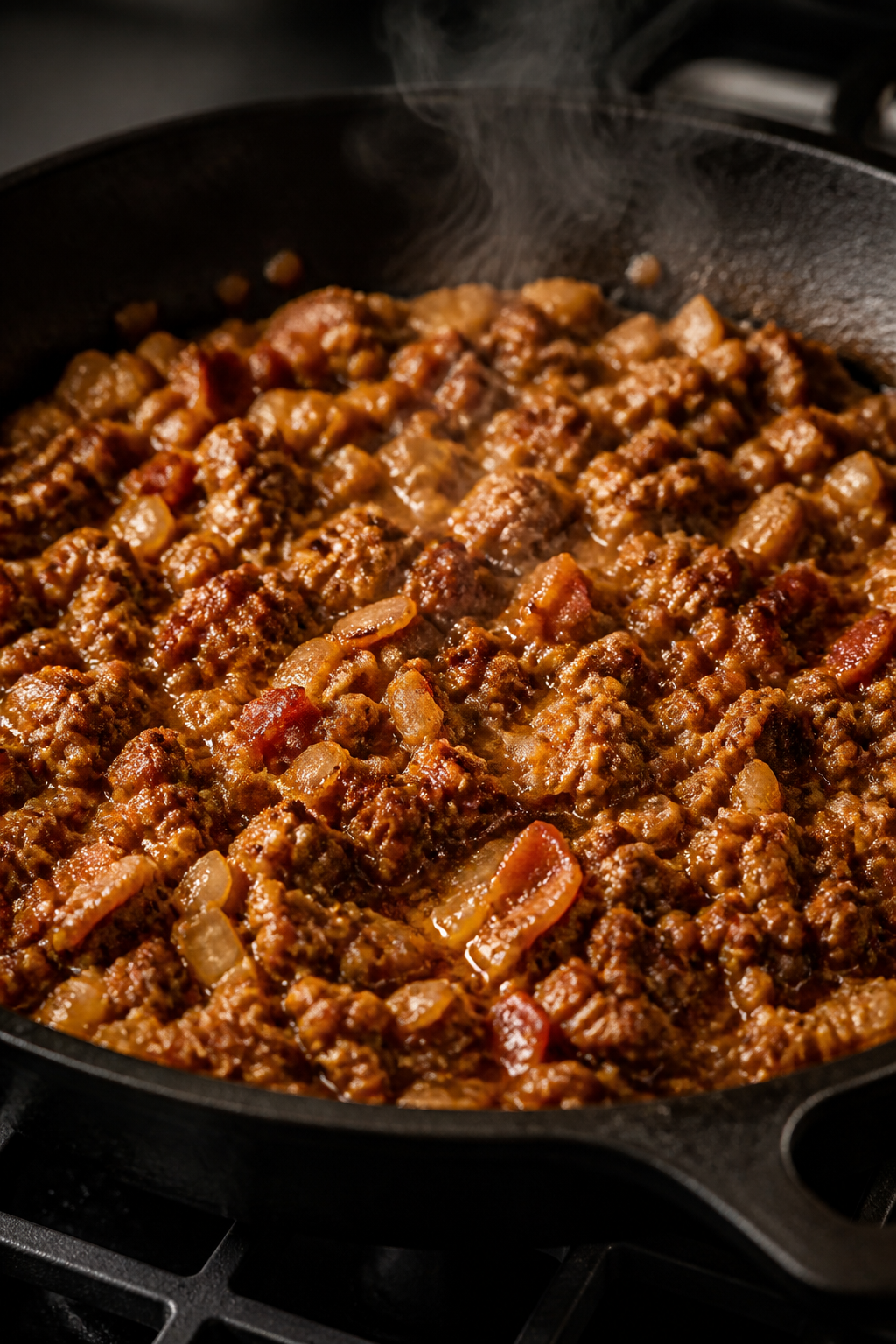 Cooking process close-up: Crumbled bacon cheeseburger beef mixture sizzling in a cast-iron skillet, 