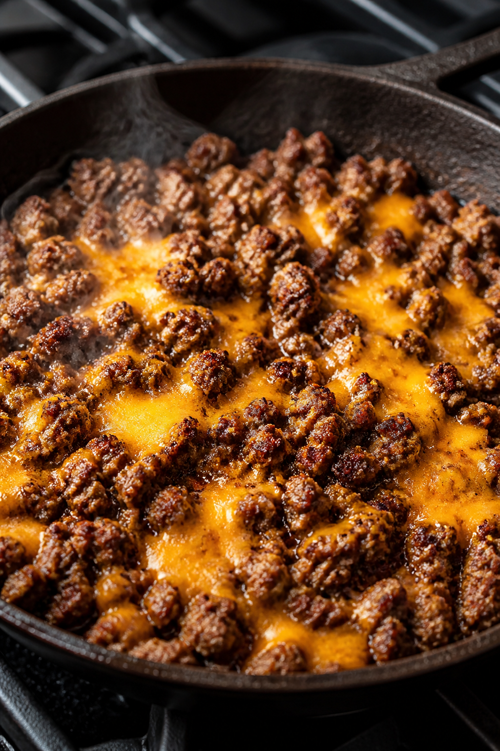 Cooking process close-up: Crumbled seasoned ground beef sizzling in a cast-iron skillet, browned wit