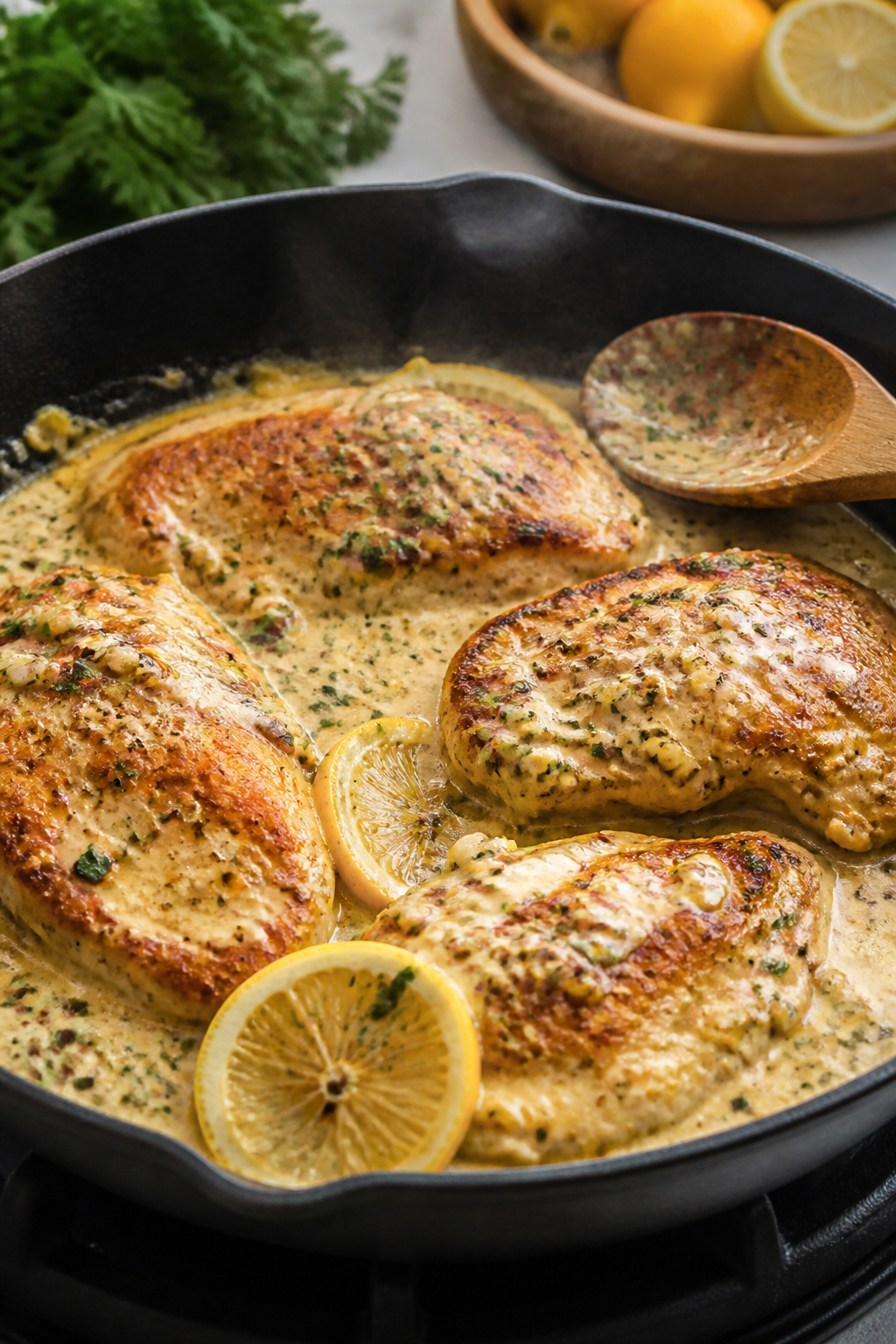 Cooking process, close-up detail: Golden-seared chicken cutlets nestled in a skillet as a silky garl
