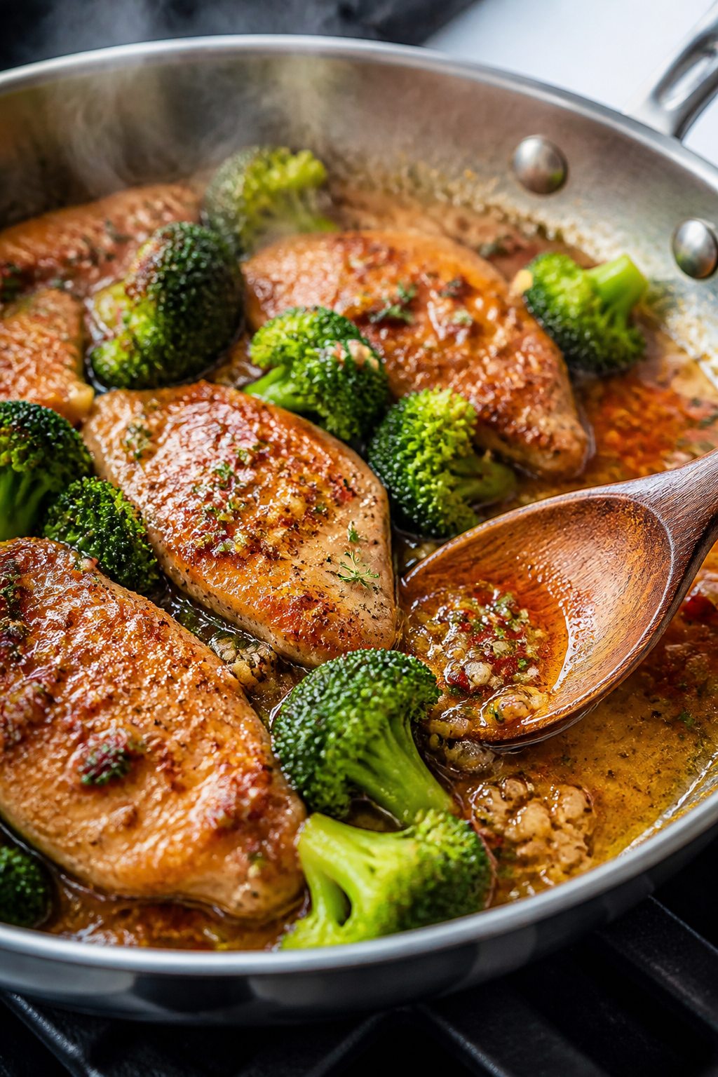 Cooking process, close-up detail: Golden seared chicken cutlets in a large skillet, edges caramelize