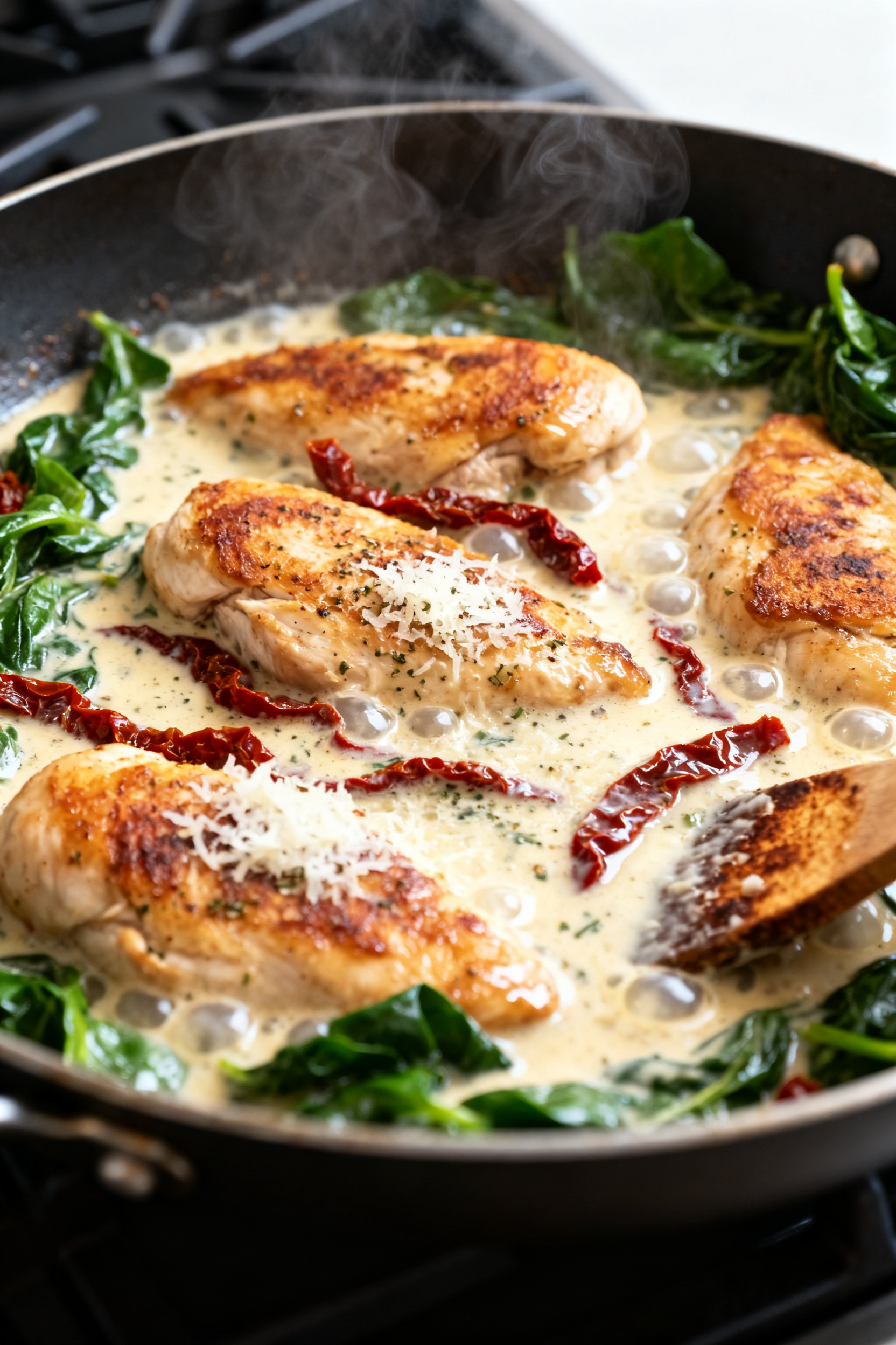 Cooking process, close-up detail: Golden-seared chicken pieces nestled in a bubbling creamy Tuscan s