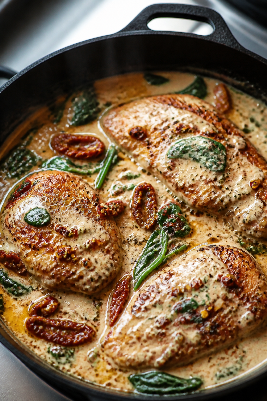 Cooking process, close-up detail: Golden-seared chicken cutlets nestled in a bubbling creamy sun-dri