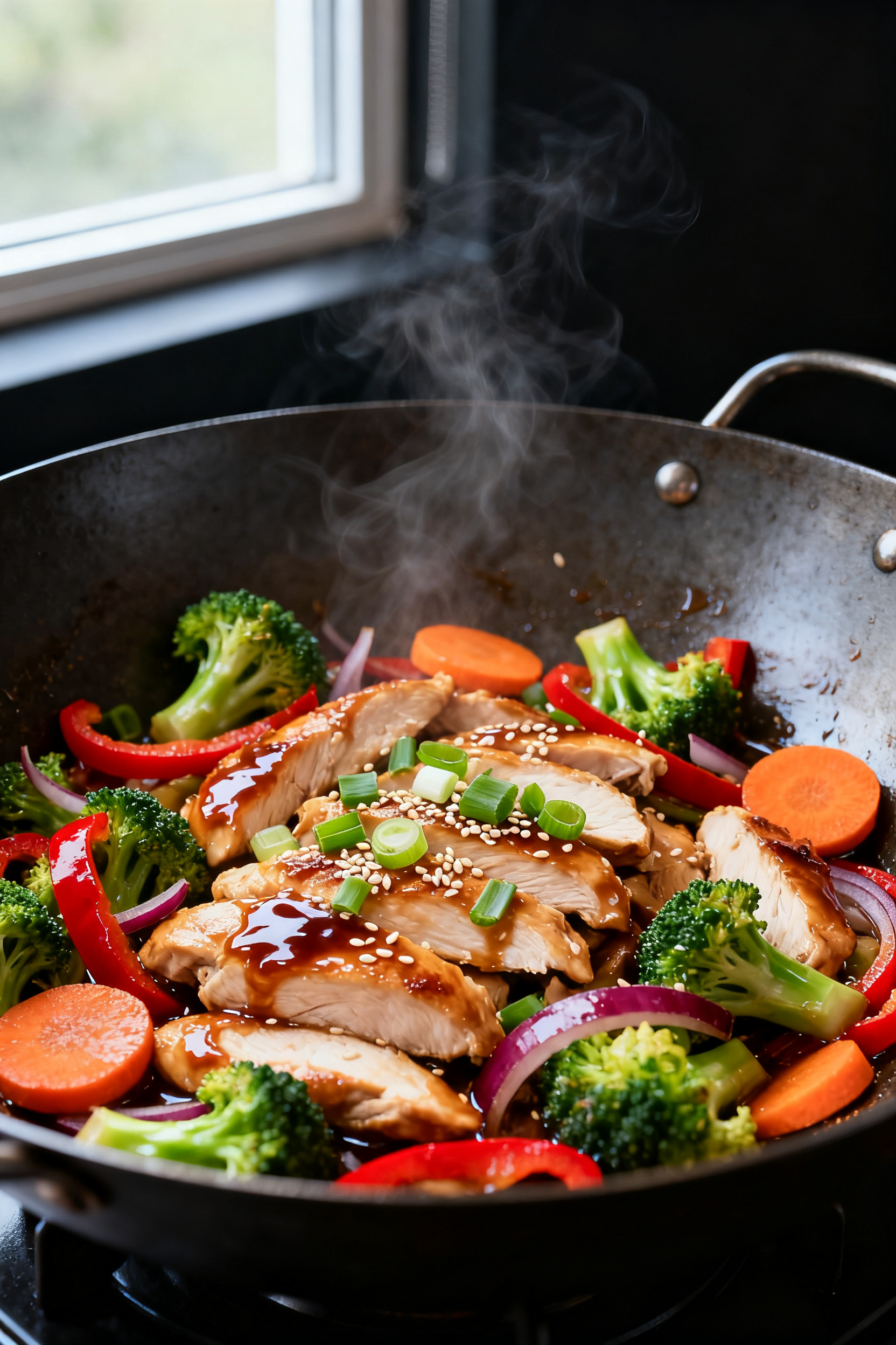 Cooking process, close-up detail: High heat stir-fry moment in a carbon-steel wok—thinly sliced ch