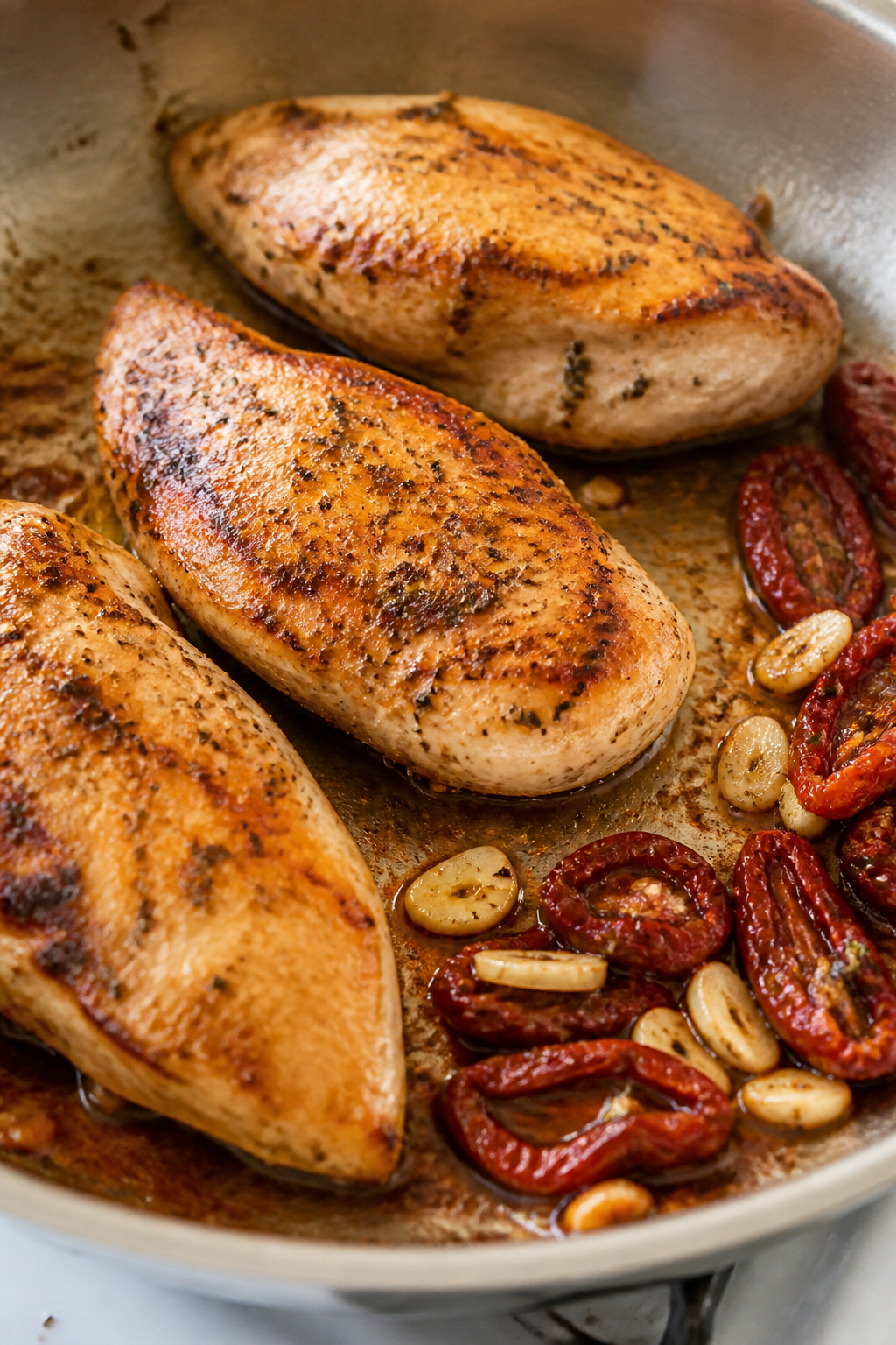 Cooking process, close-up detail: Searing boneless, skinless chicken breasts in a large skillet unti