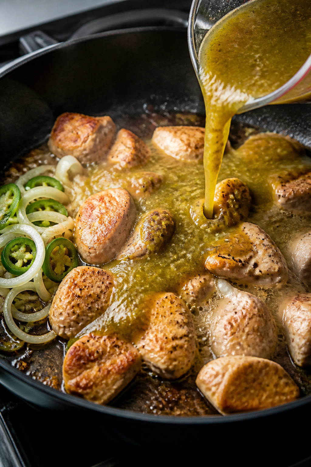 Cooking process, close-up detail: Searing chunks of boneless, skinless chicken in a large skillet, l