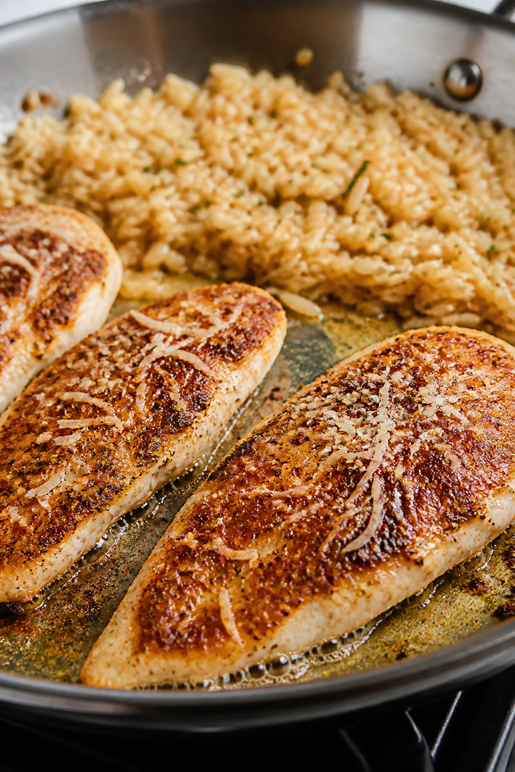 Cooking process, close-up detail: Searing Parmesan-coated chicken in a large skillet over medium-hig