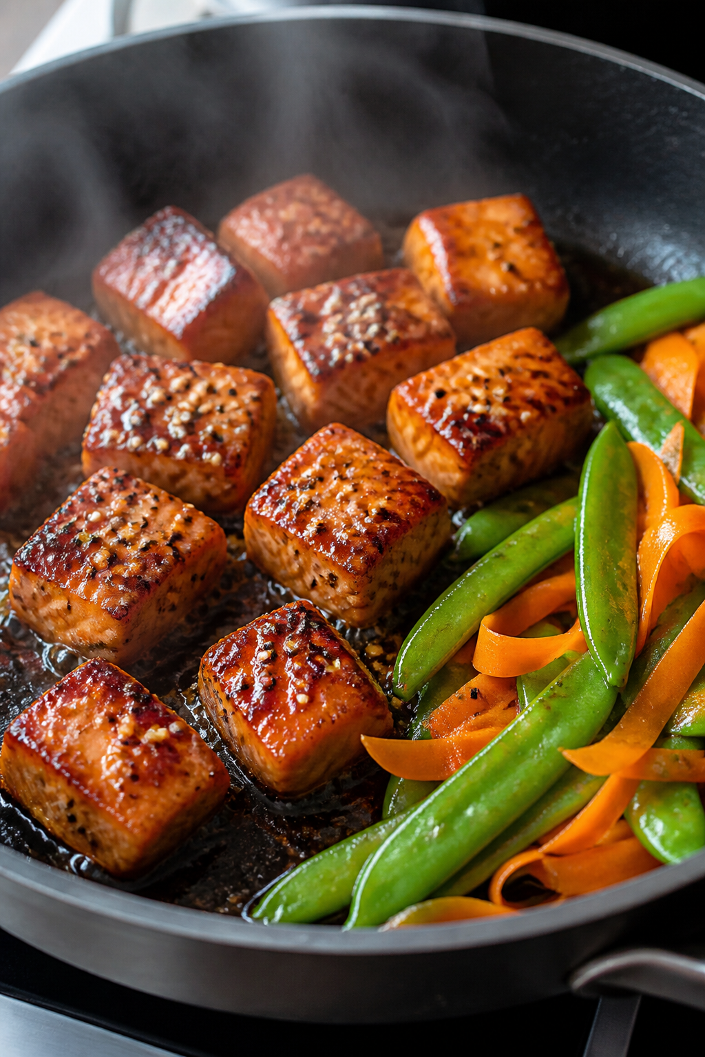 Cooking process, close-up detail: Searing teriyaki-glazed salmon cubes in a well-seasoned skillet, m