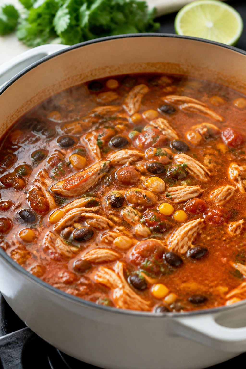 Cooking process, close-up detail: Shimmering tomato-rich chicken taco soup at a gentle simmer in a w