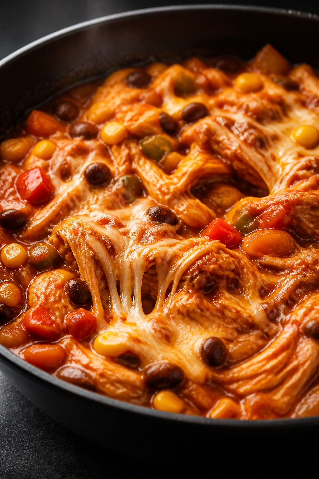 Cooking process, close-up detail: Shredded chicken simmering in glossy red enchilada sauce with blac