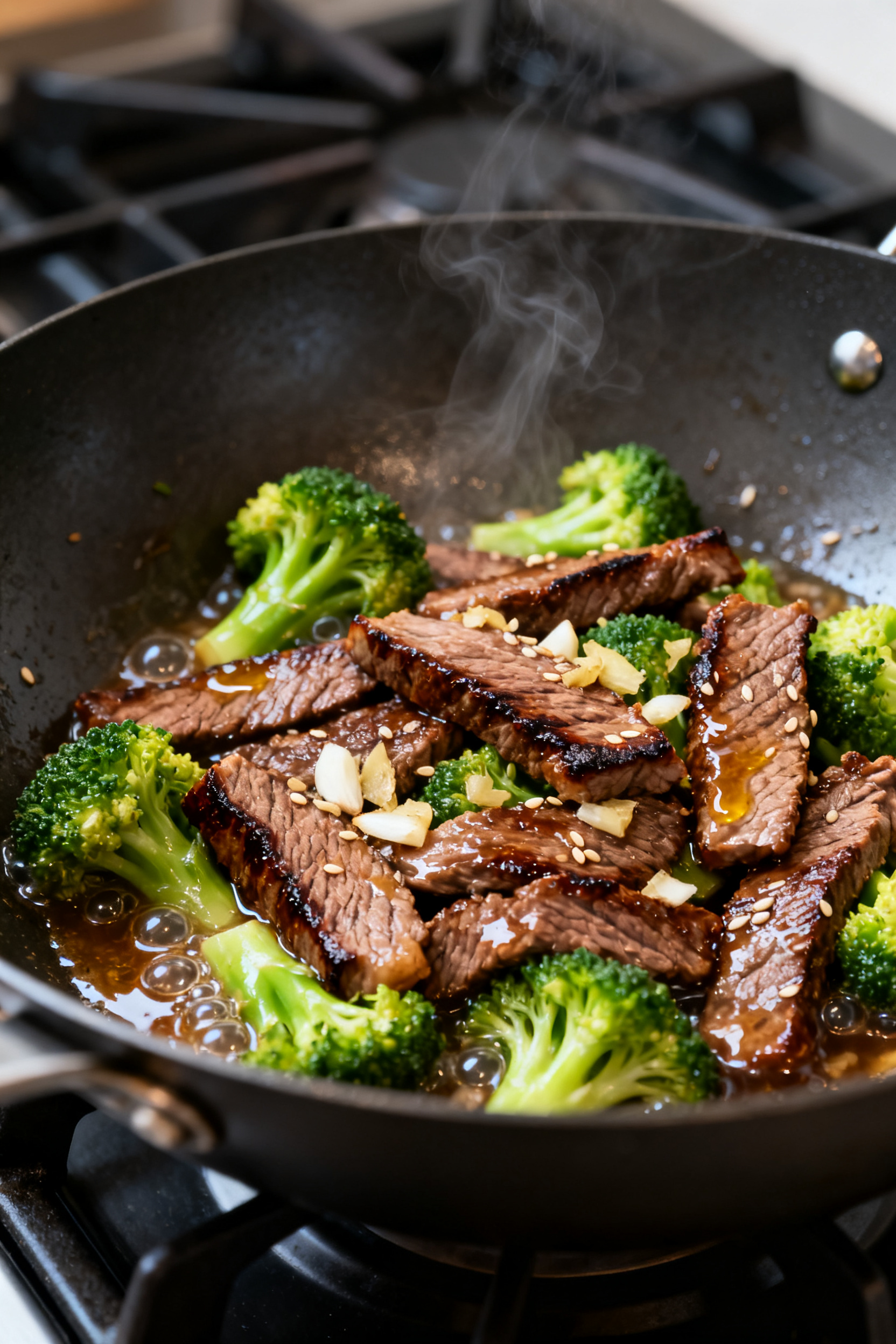 Cooking process, close-up detail: Sizzling beef and broccoli stir-fry mid-cook in a carbon steel wok