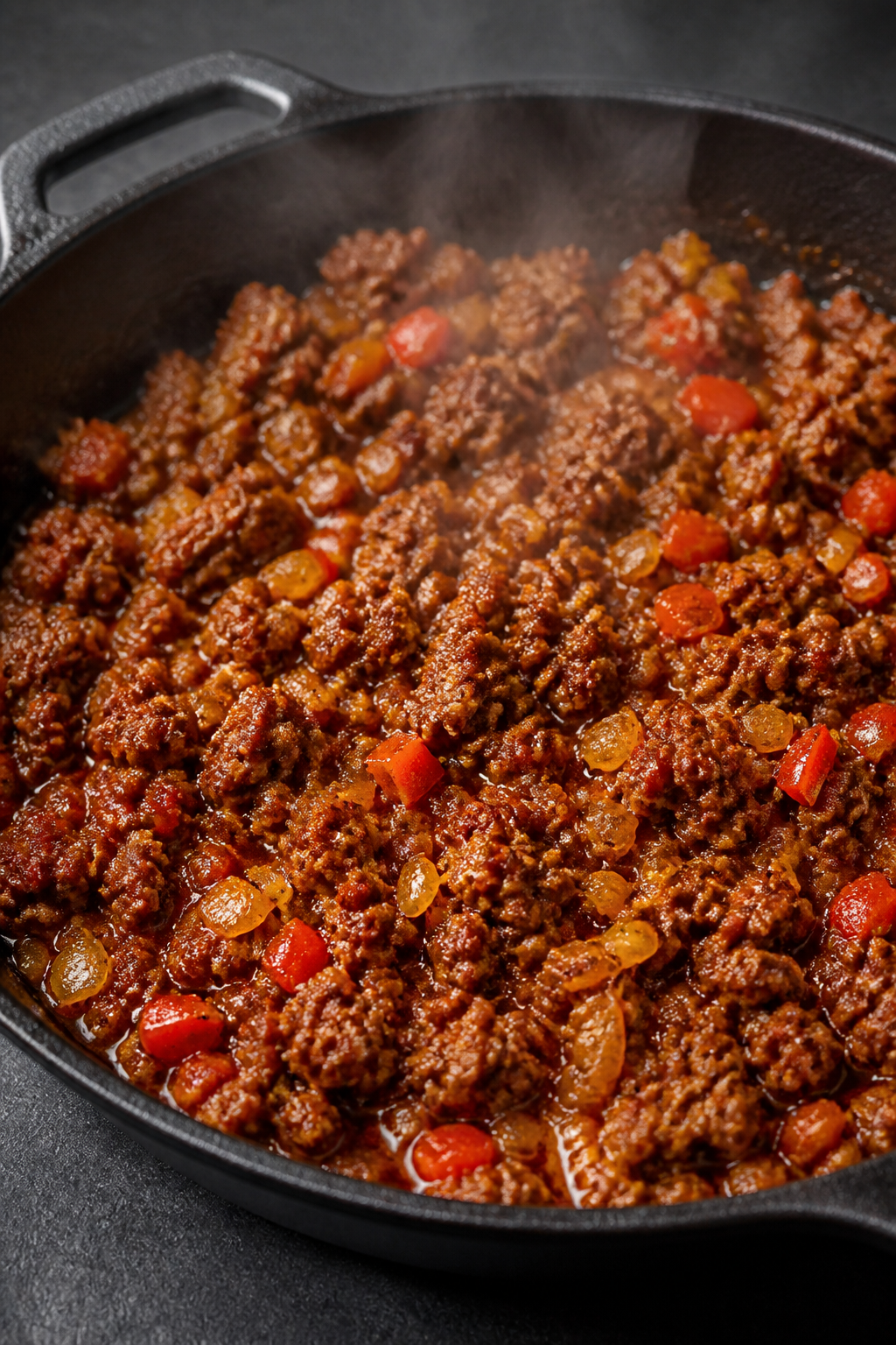 Cooking process, close-up detail: Sizzling beef taco skillet mid-cook in a black cast-iron pan, brow