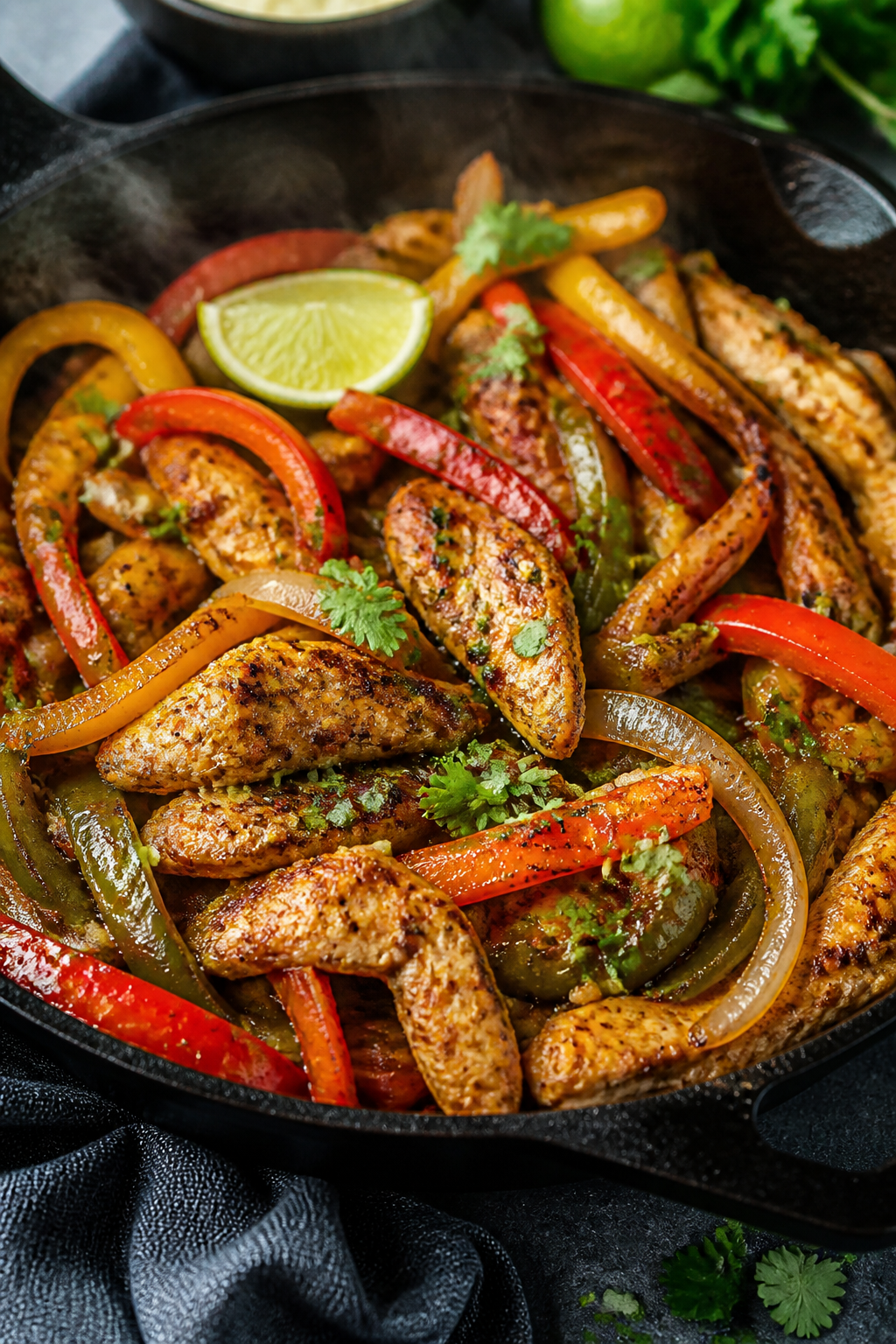 Cooking process, close-up detail: Sizzling chicken fajita strips in a cast-iron skillet with light c