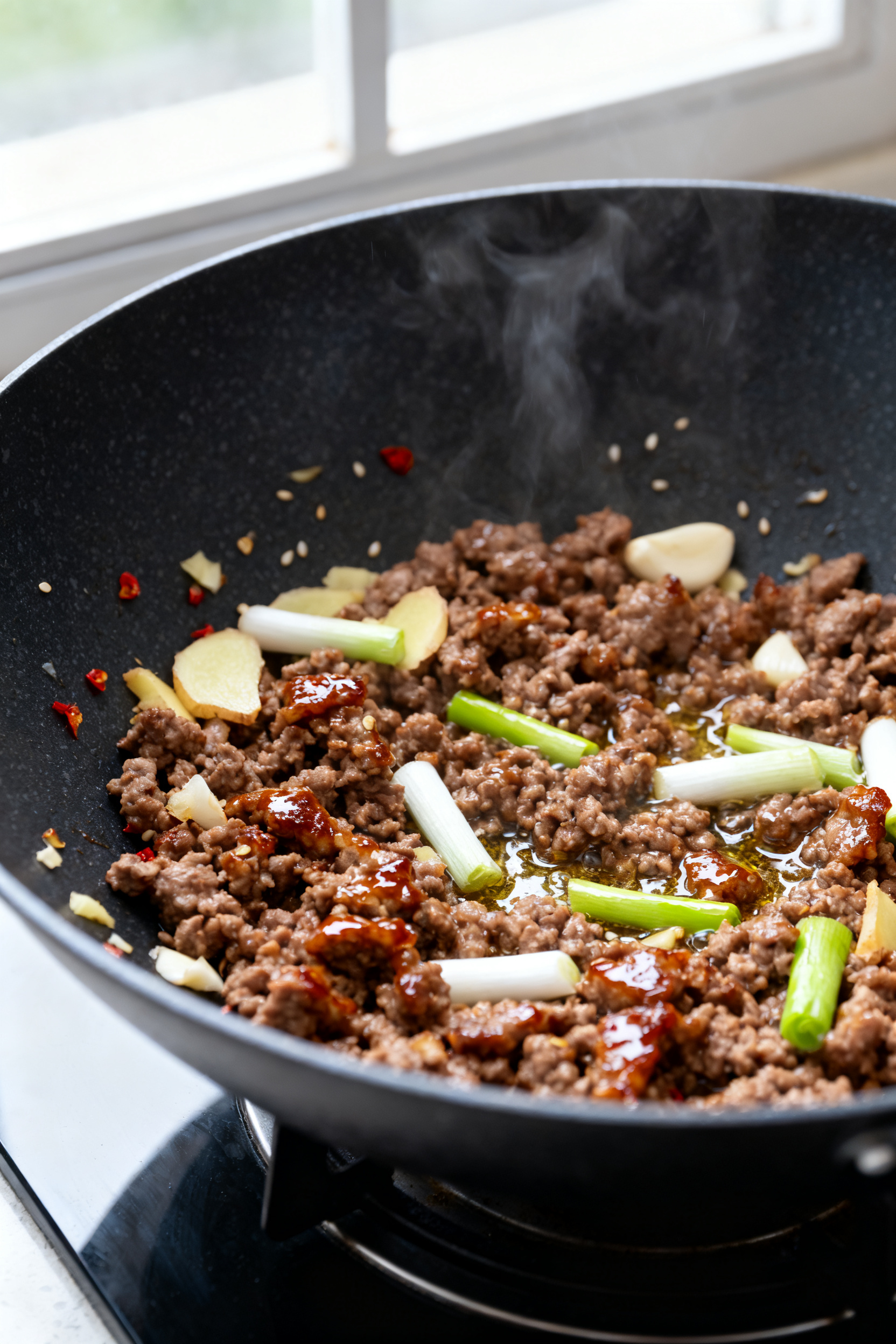Cooking process, close-up detail: Sizzling ground beef and aromatics in a wok—crumbled 90% lean be