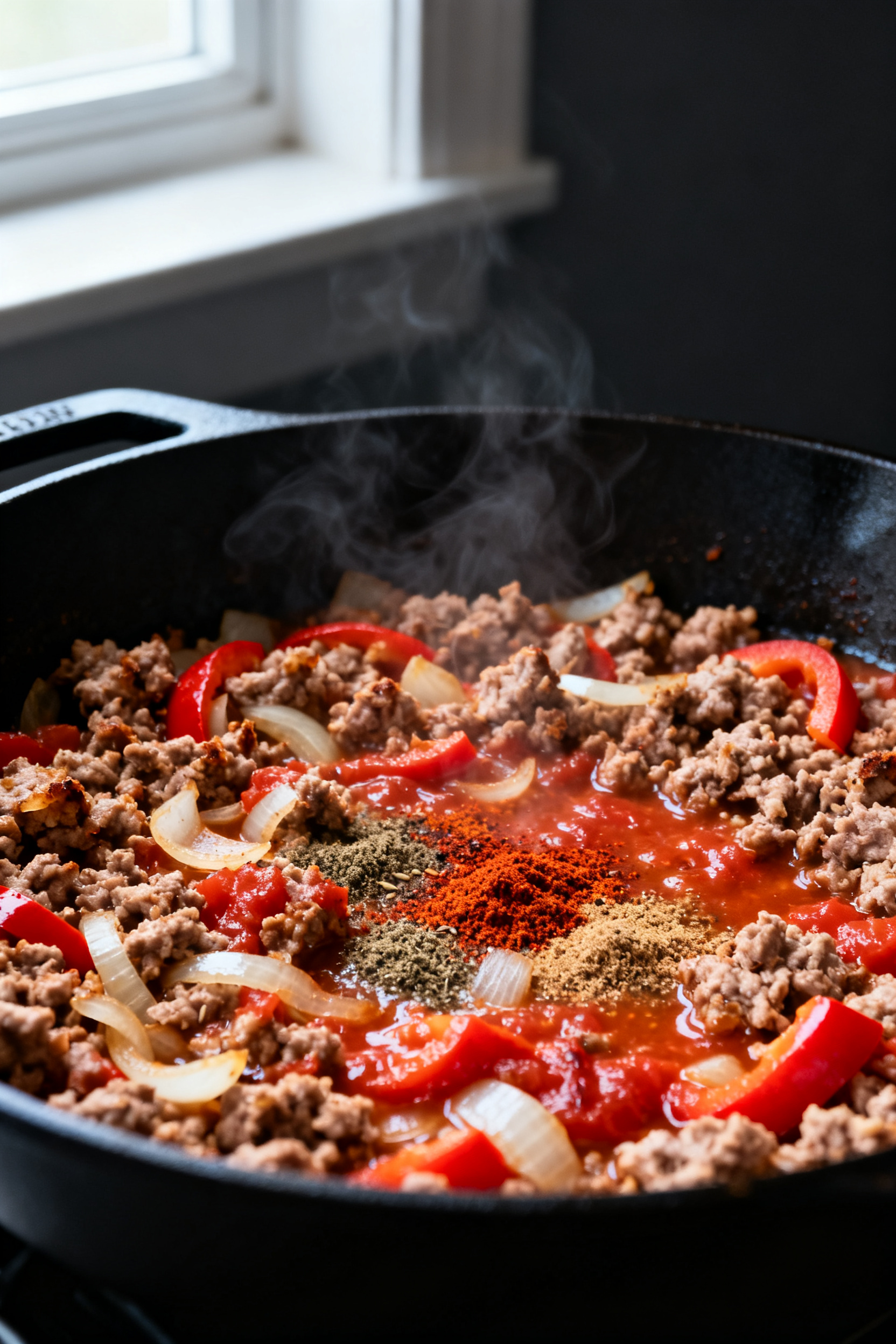 Cooking process, close-up detail: Sizzling ground turkey taco mixture browning in a large black skil