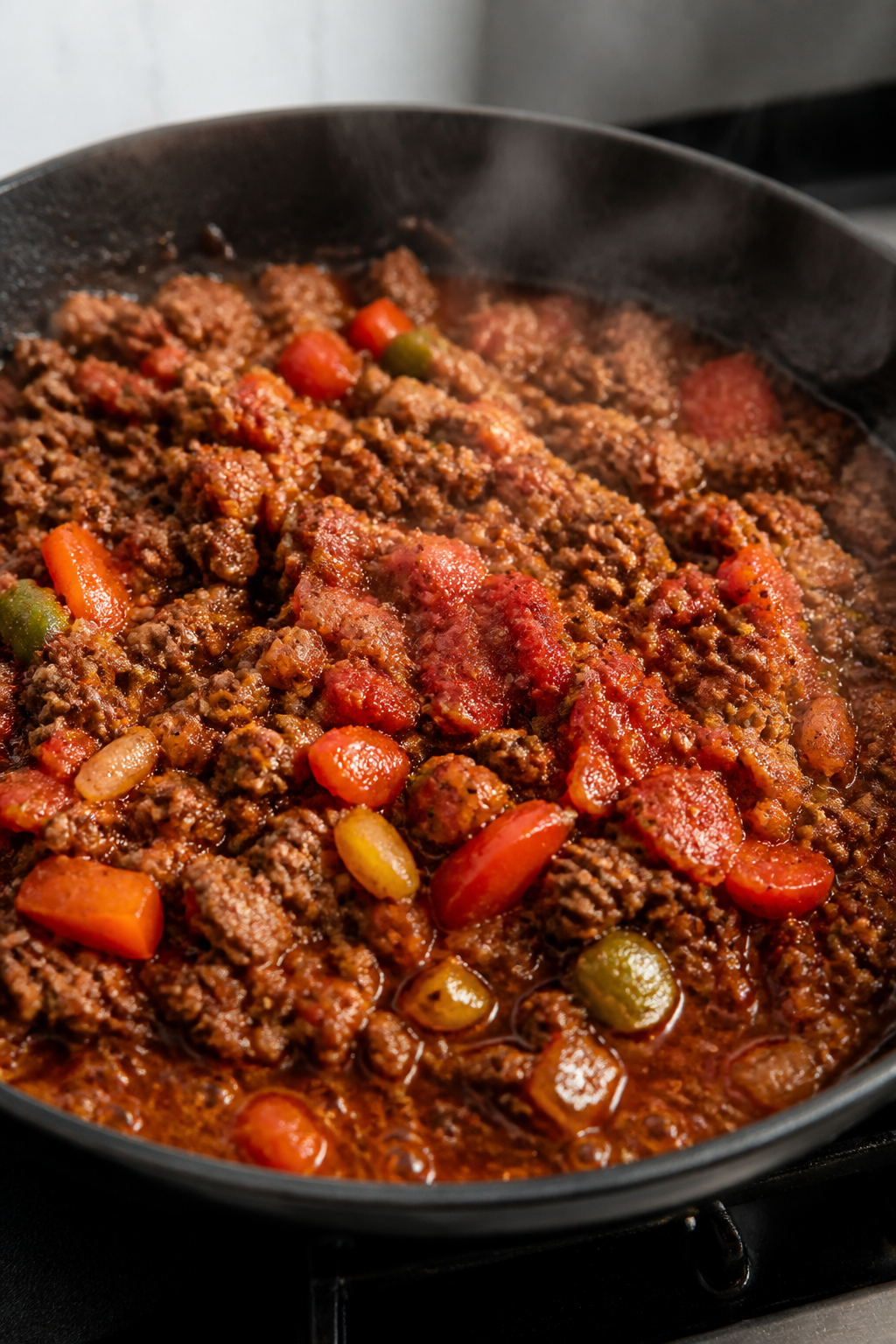 Cooking process, close-up detail: Sizzling ground beef and sautéed bell pepper/onion mixture in a w
