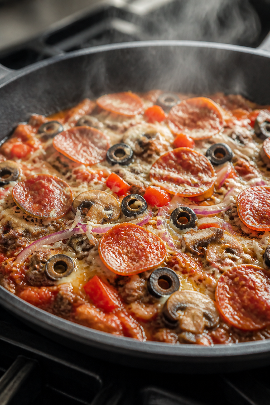 Cooking process, close-up detail: Sizzling low-carb ground beef pizza bowl base in a black skillet o