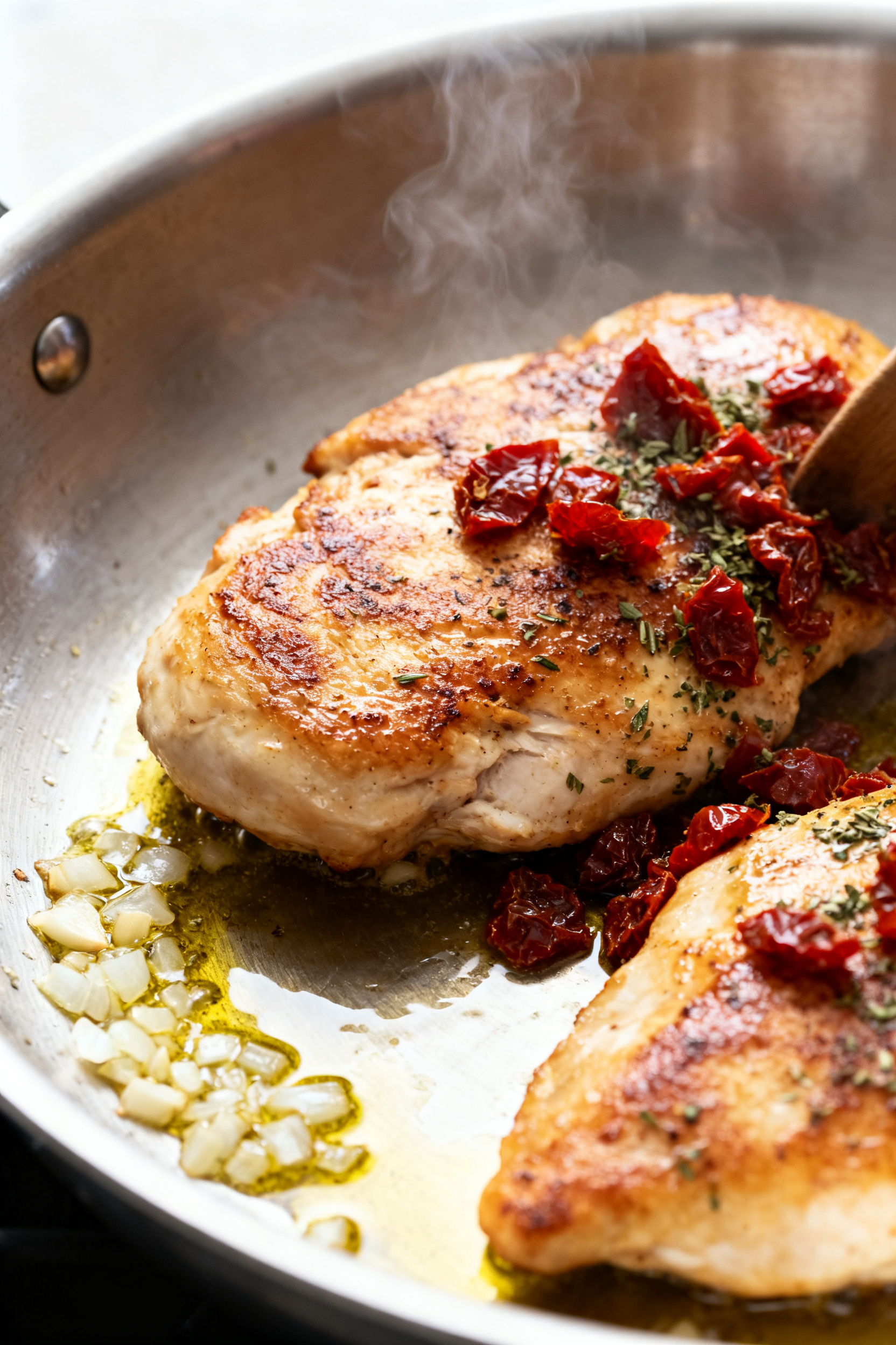 Cooking process, close-up detail: Sizzling Marry Me Chicken cutlets just after searing in a wide sta
