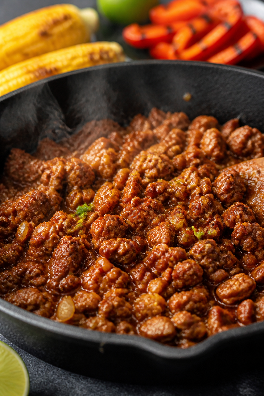 Cooking process, close-up detail: Sizzling seasoned ground beef in a dark cast-iron skillet, glisten