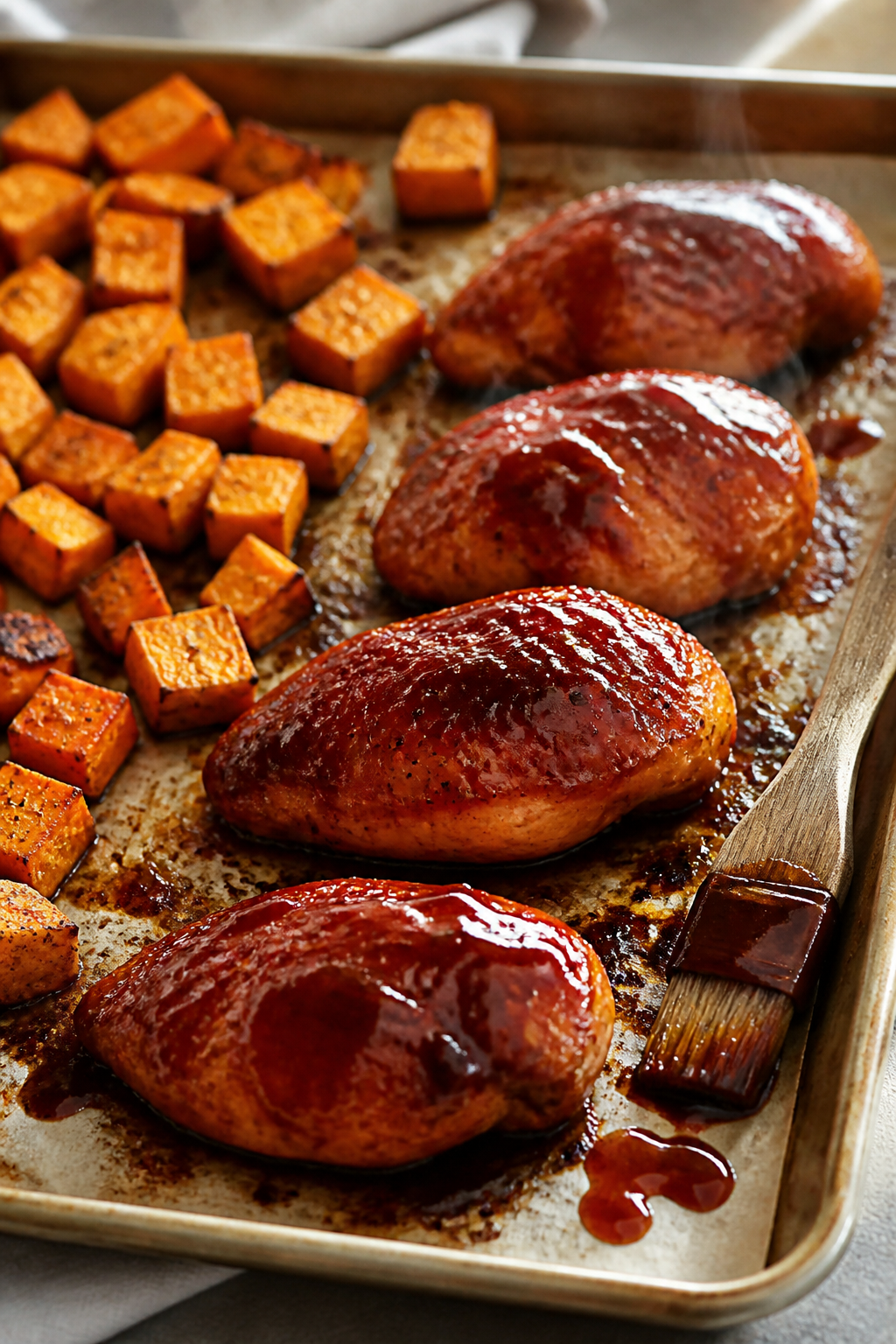 Cooking process close-up: Glazed BBQ chicken breasts on a parchment-lined sheet pan at the mid-roast