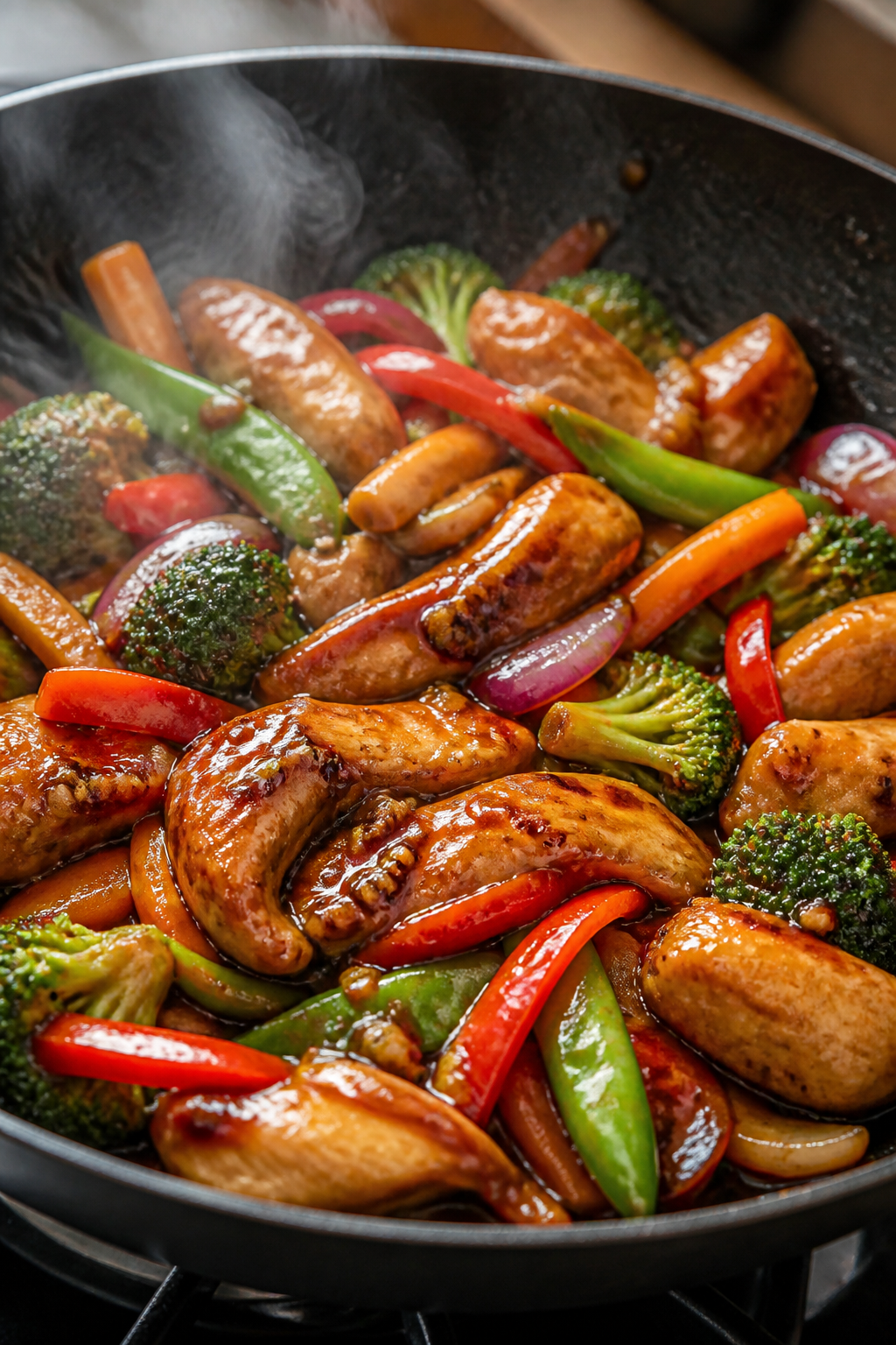 Cooking process close-up: Glossy chicken teriyaki stir fry sizzling in a hot wok, chicken strips lig