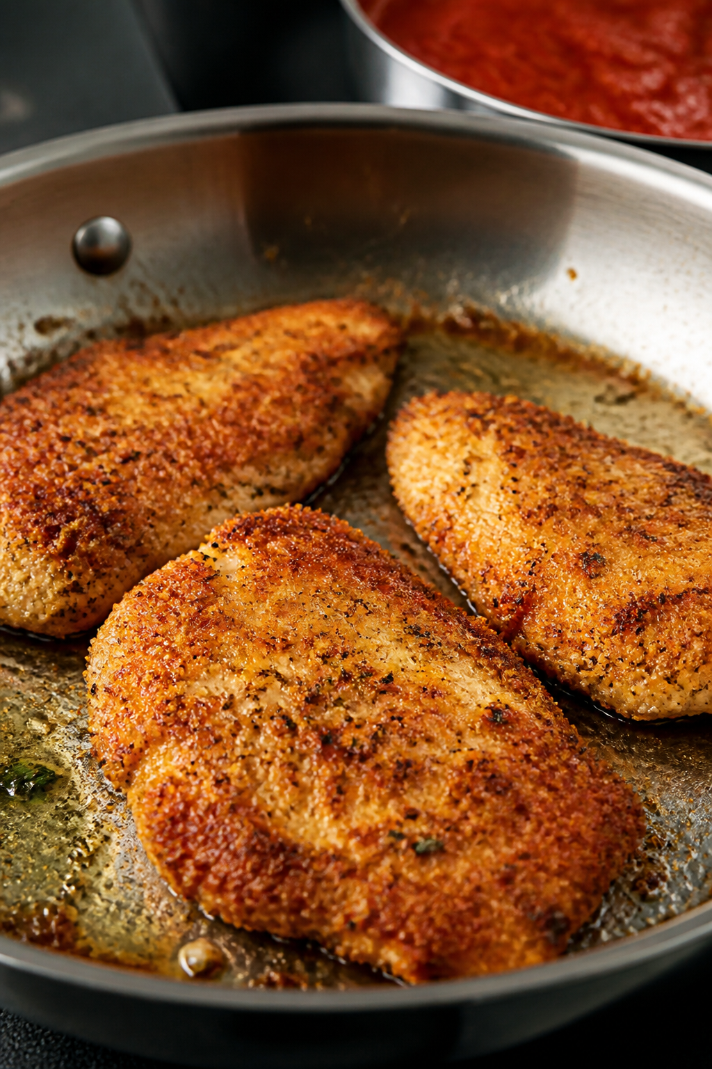 Cooking process close-up: Golden-brown Chicken Parmesan cutlets sizzling in a stainless-steel skille