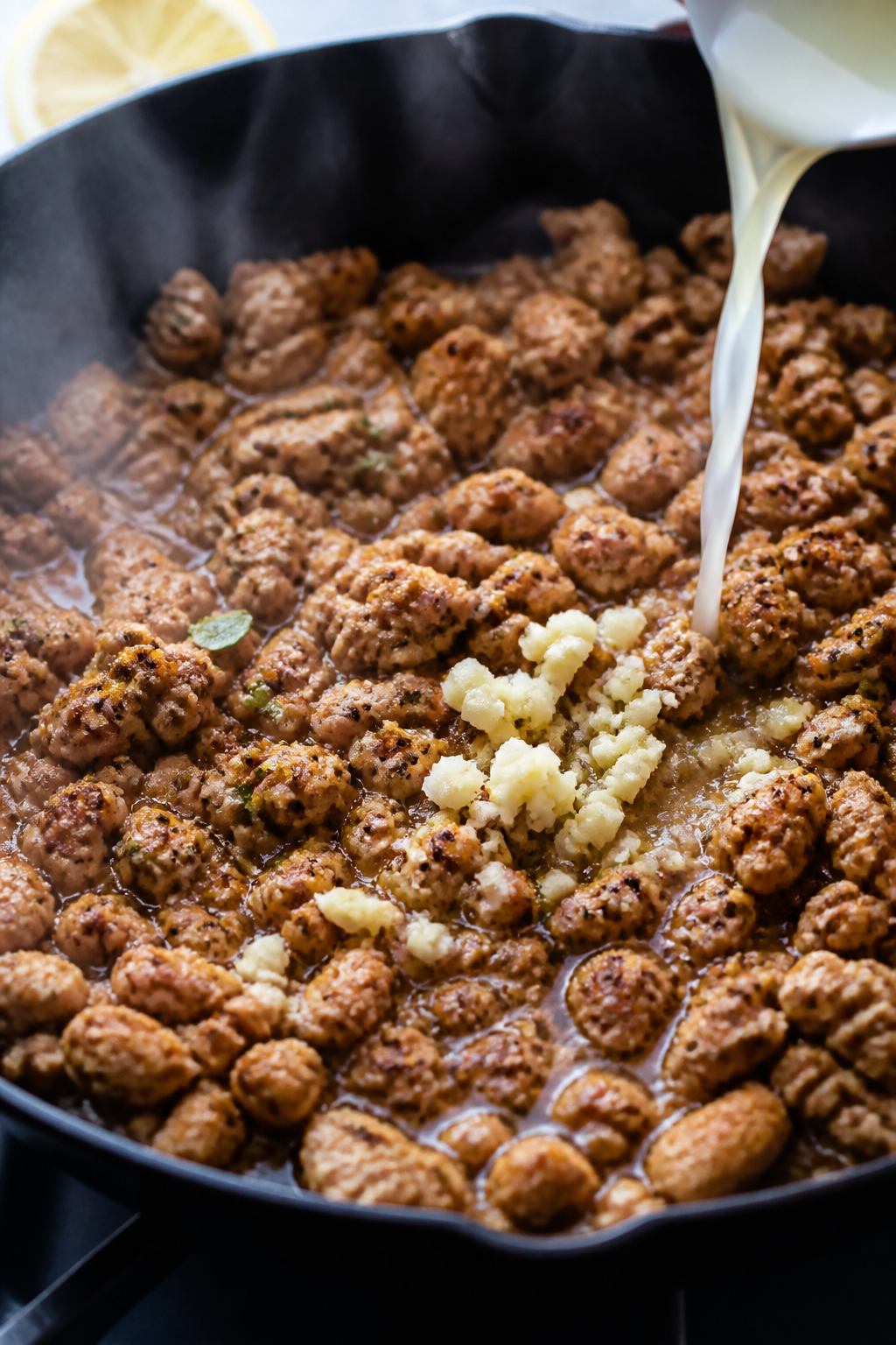 Cooking process close-up: Golden-browned Greek-seasoned ground turkey sizzling in a skillet, speckle