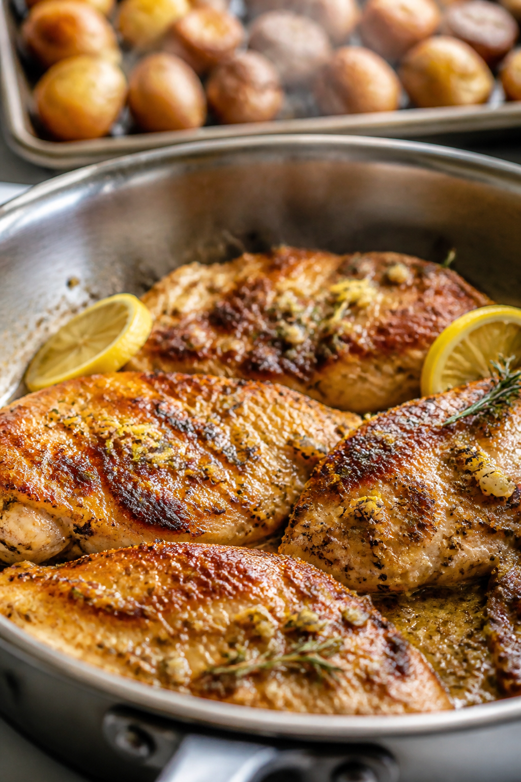 Cooking process close-up: Golden-browned lemon herb chicken cutlets sizzling in a stainless-steel sk